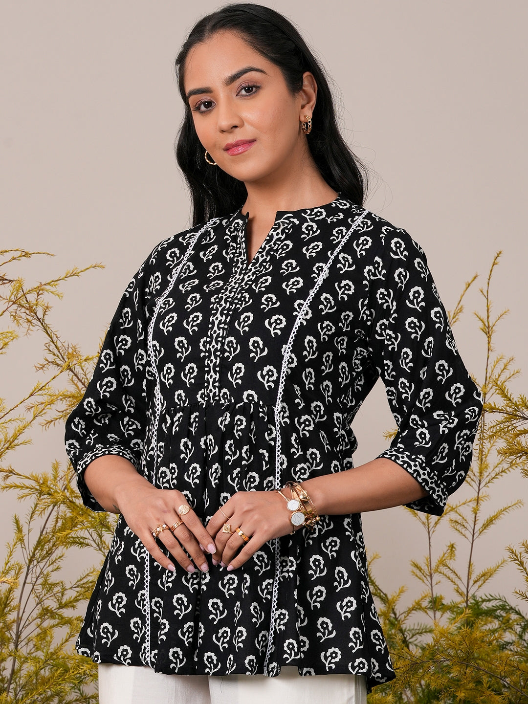 Black Printed Cotton A-Line Kurti