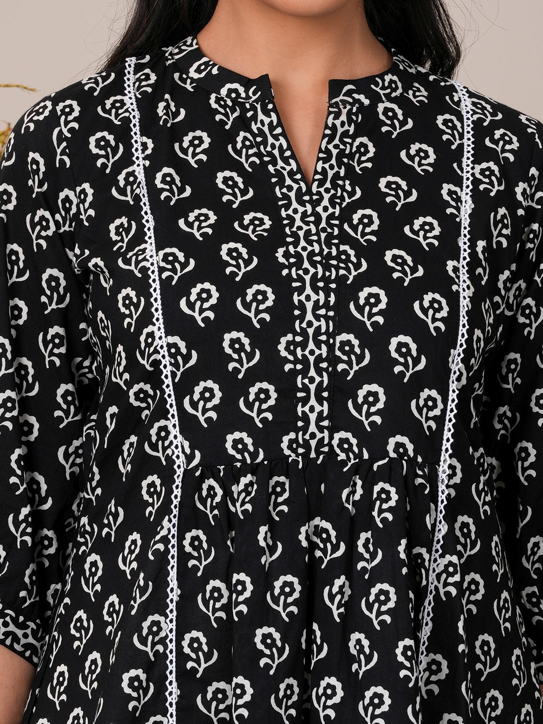 Black Printed Cotton A-Line Kurti