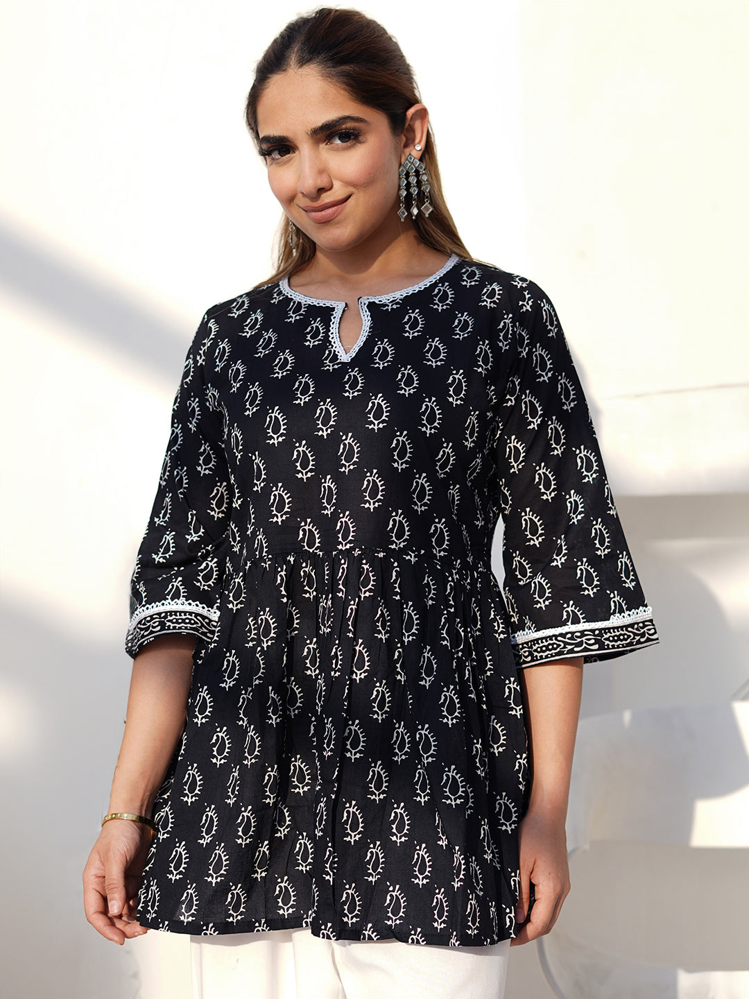 Black Printed Cotton A-Line Kurti