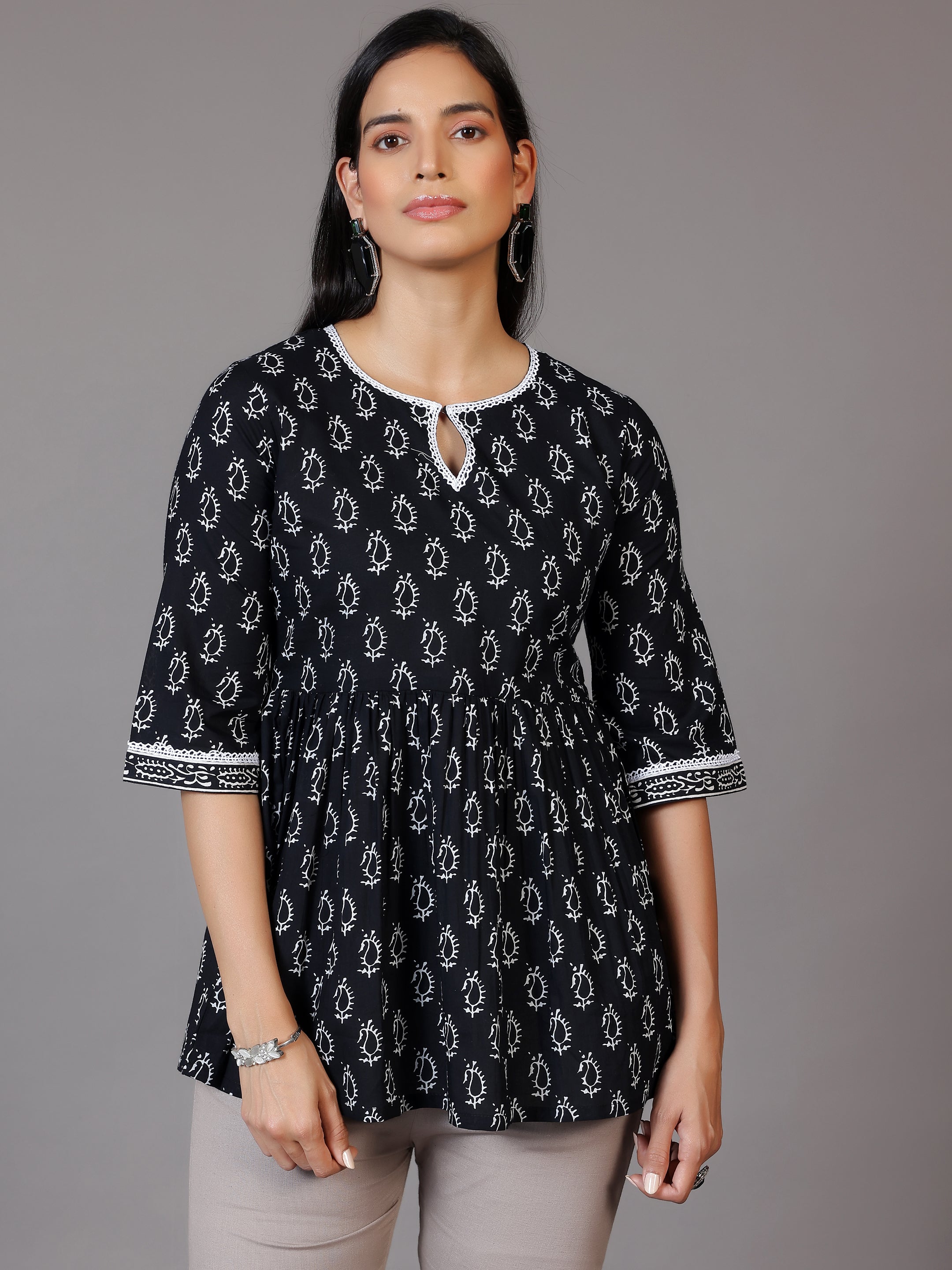 Black Printed Cotton A-Line Kurti