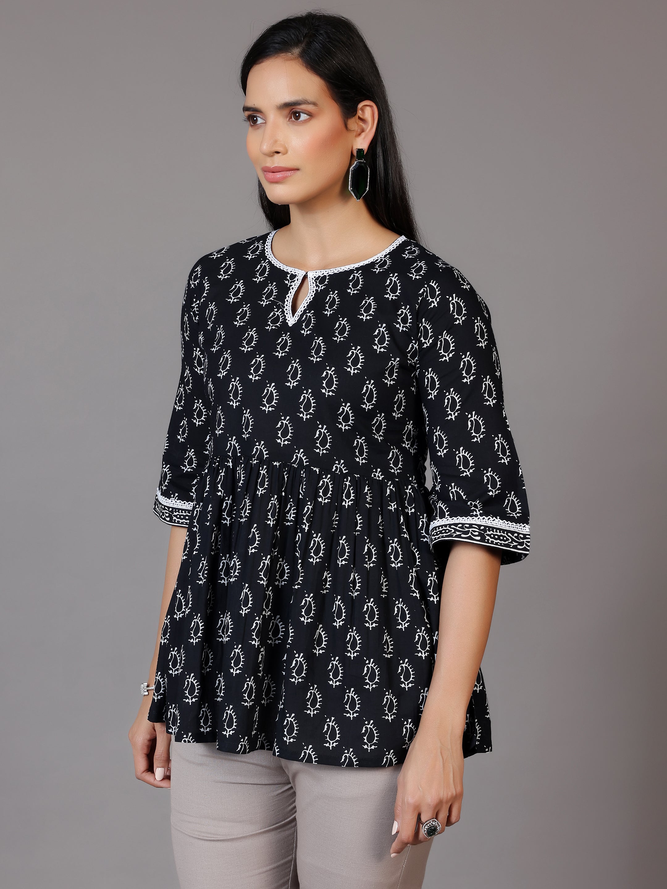 Black Printed Cotton A-Line Kurti