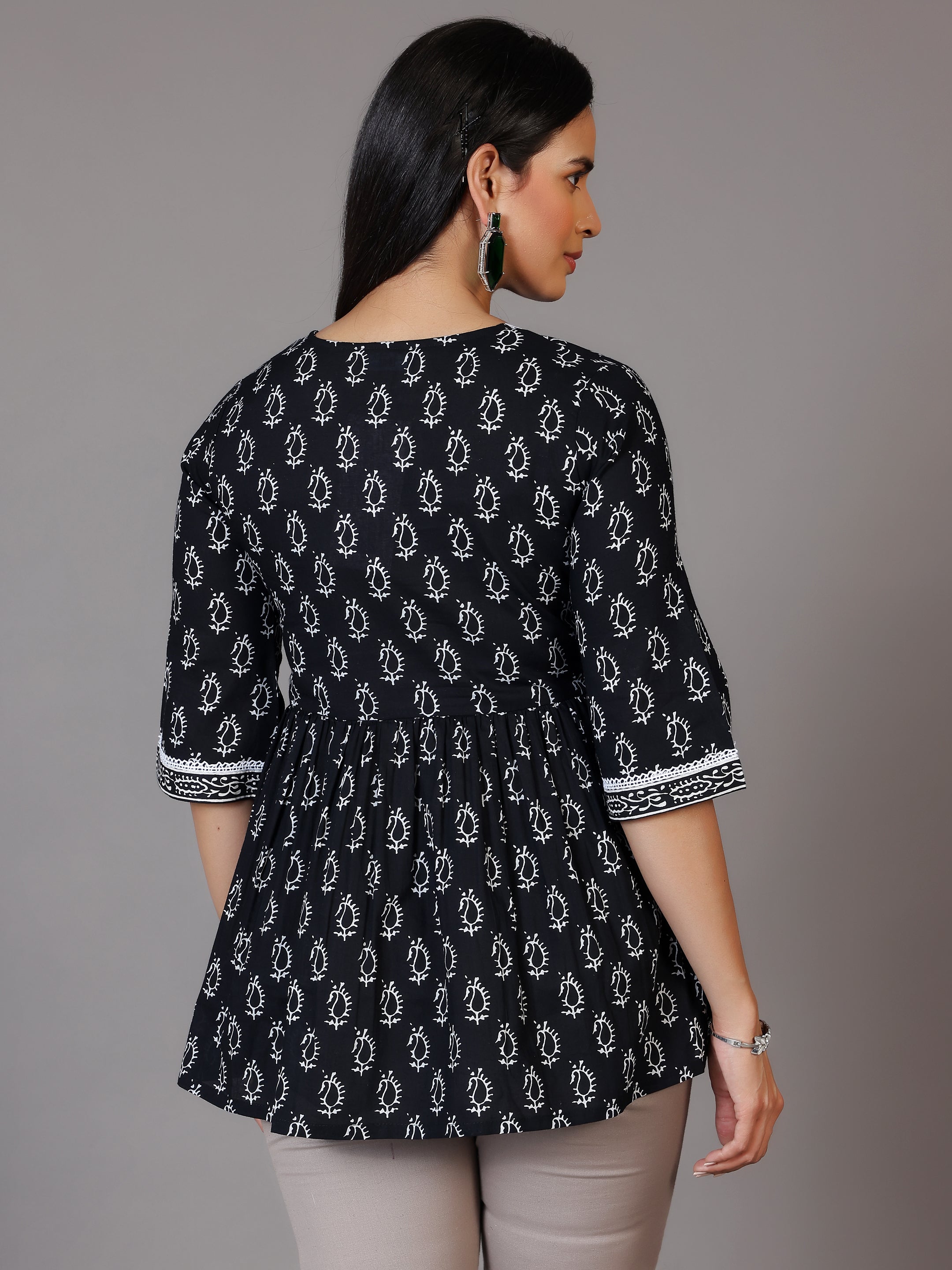 Black Printed Cotton A-Line Kurti