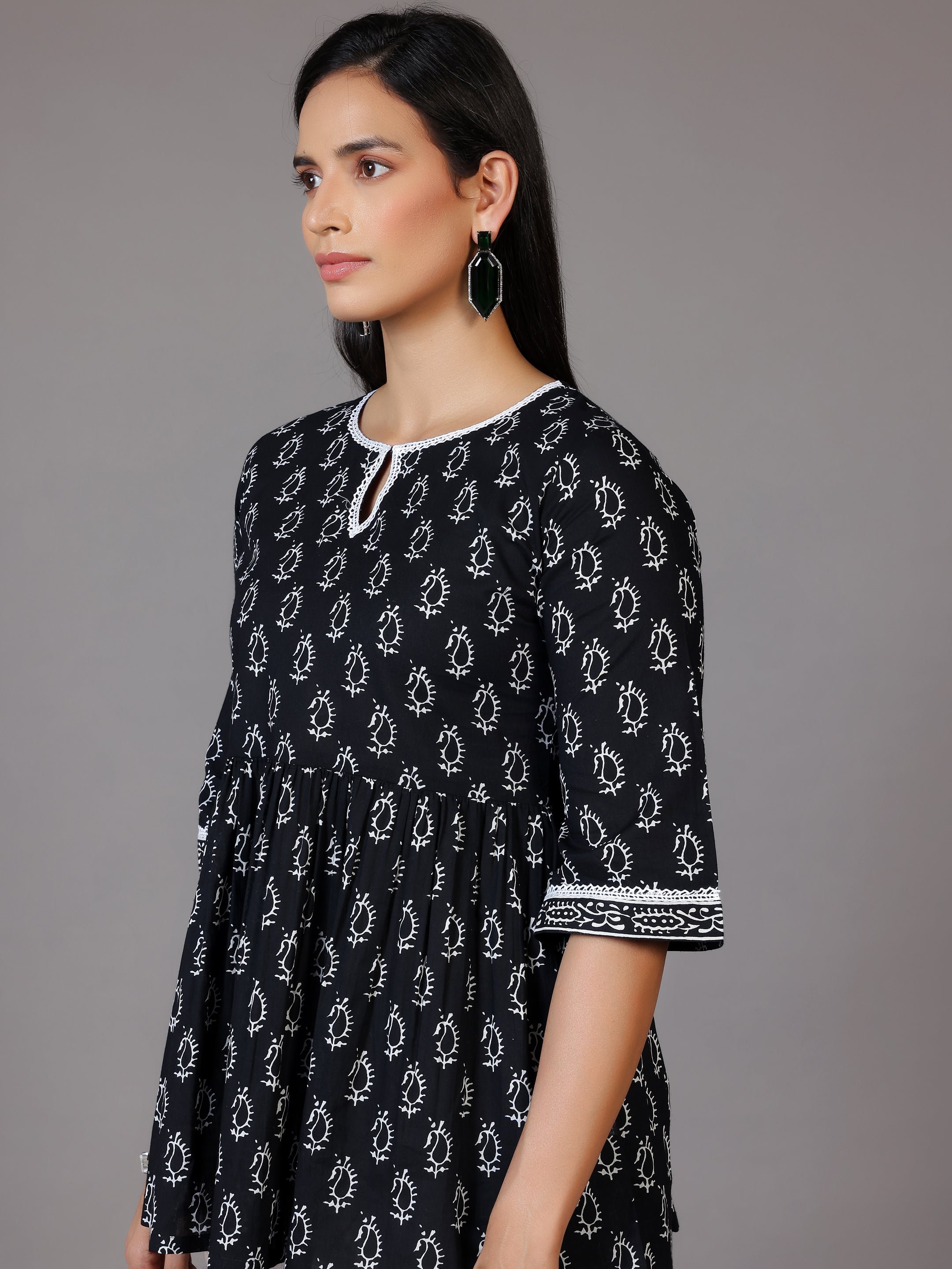 Black Printed Cotton A-Line Kurti