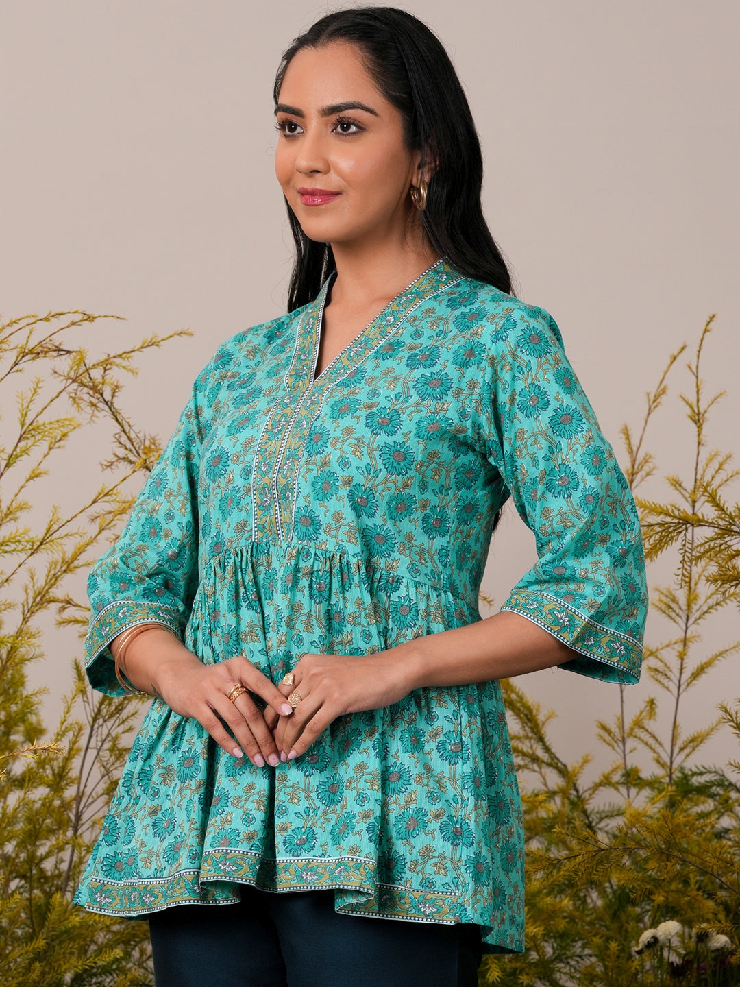 Turquoise Printed Cotton A-Line Kurti