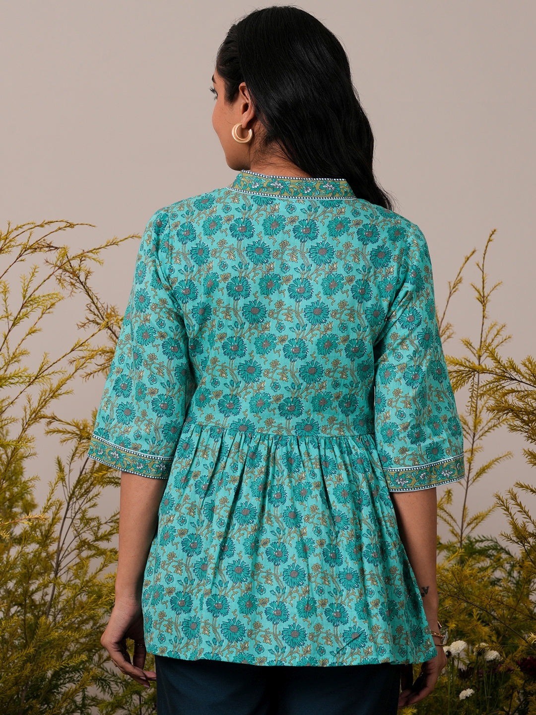 Turquoise Printed Cotton A-Line Kurti