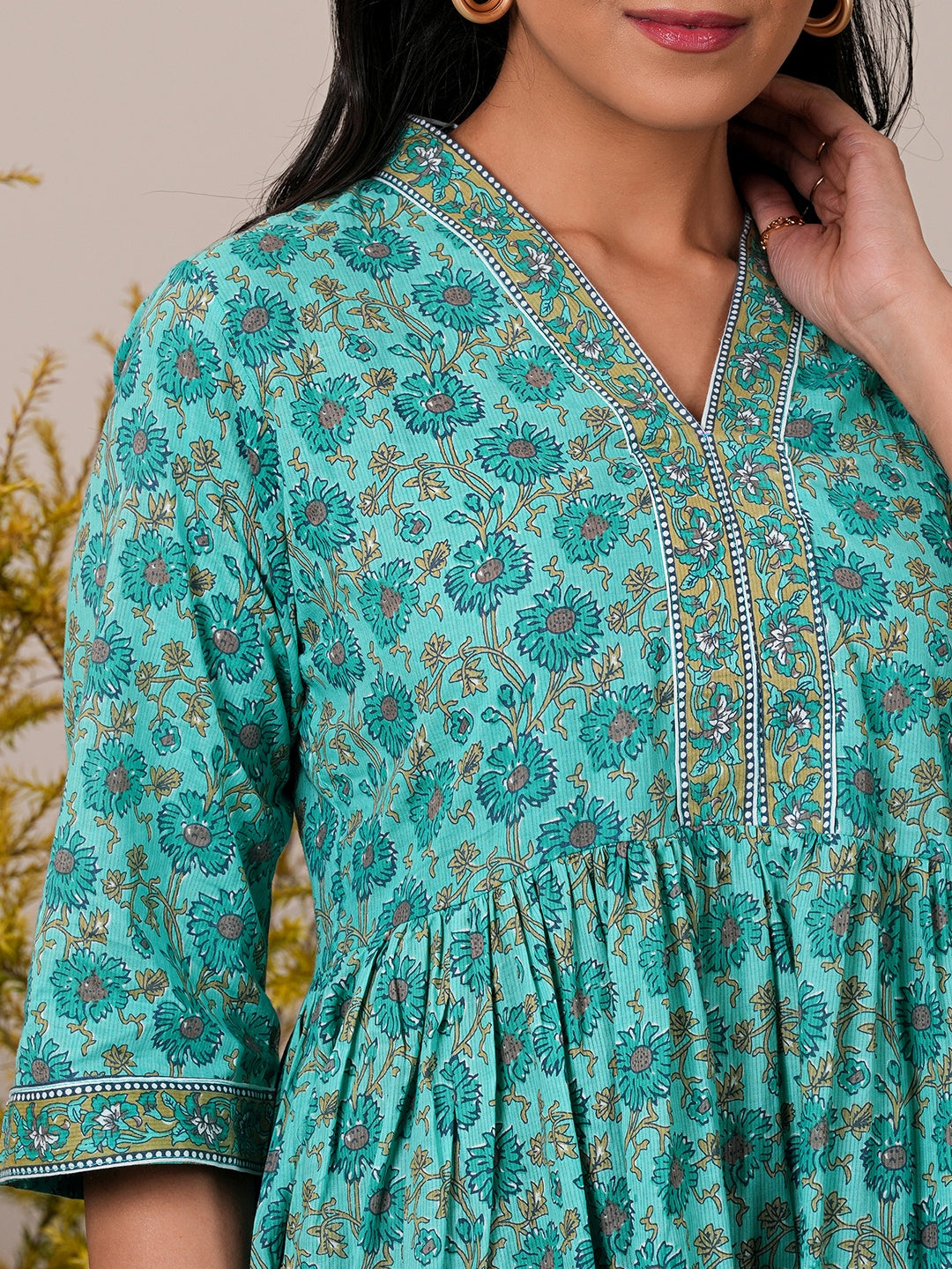 Turquoise Printed Cotton A-Line Kurti