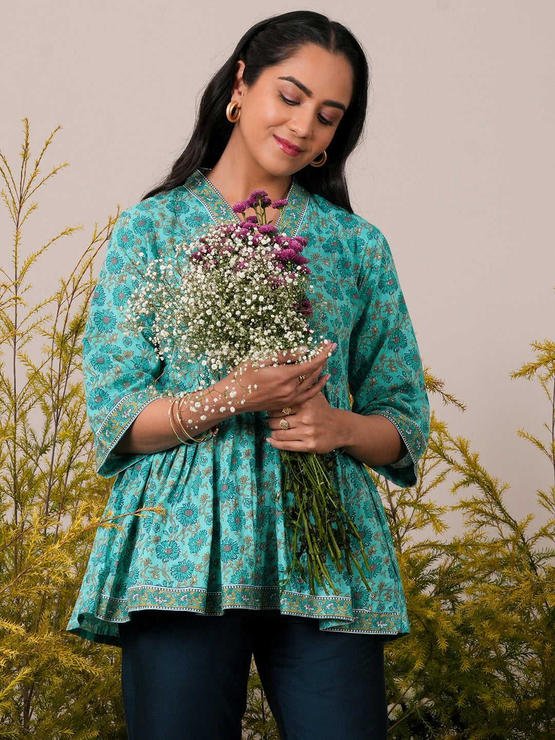 Turquoise Printed Cotton A-Line Kurti - ShopLibas