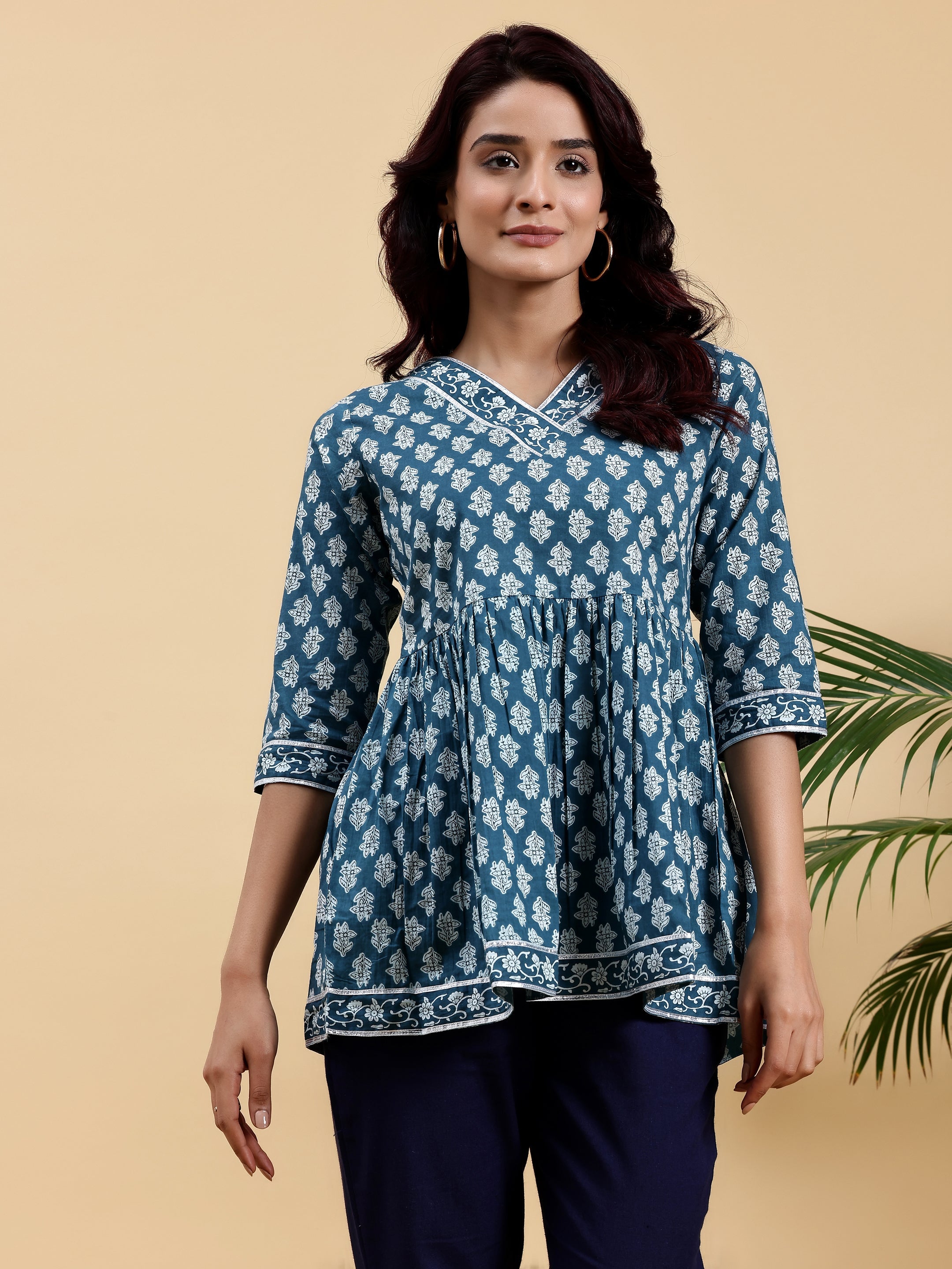 Blue Printed Cotton A-Line Kurti