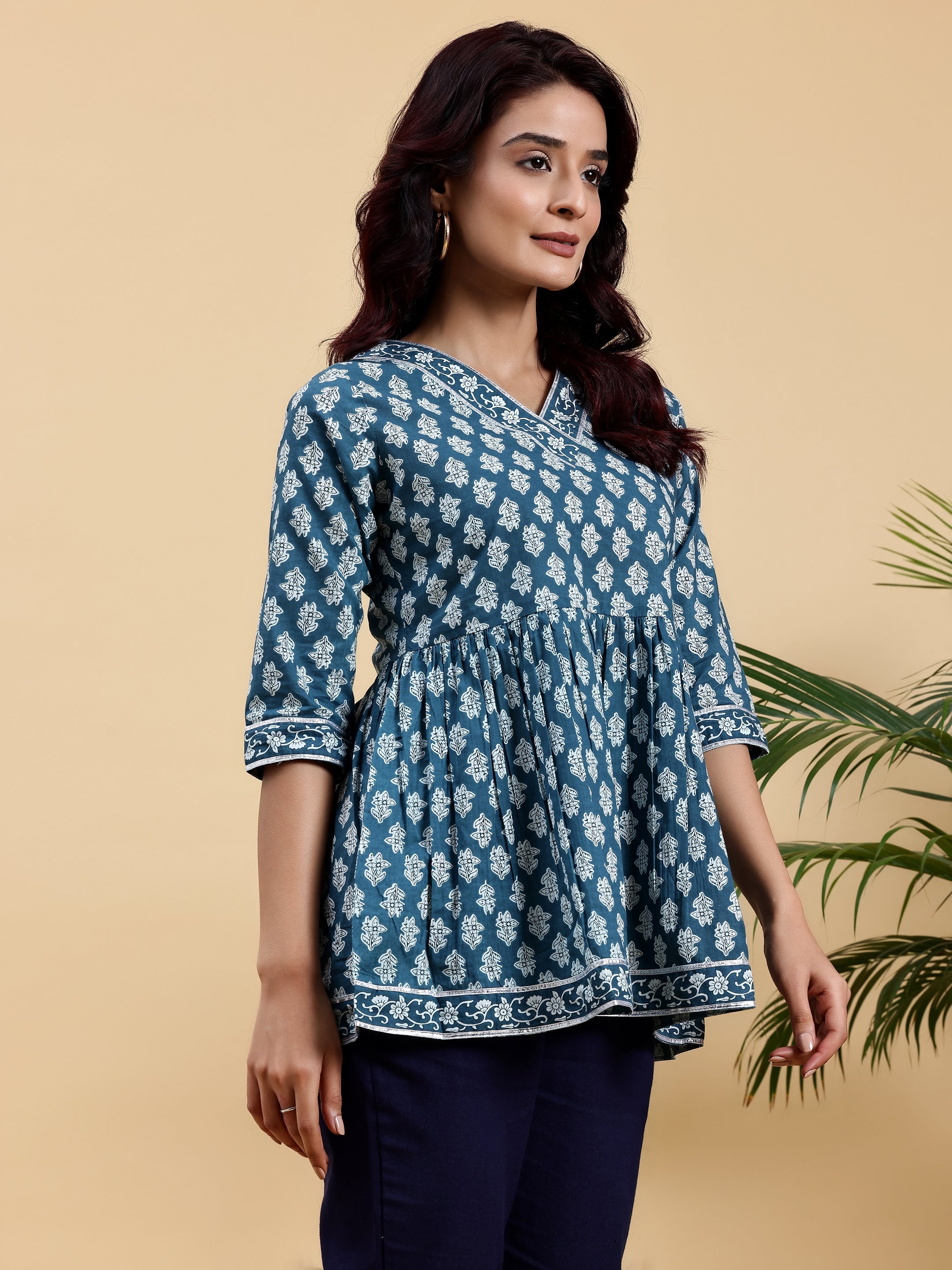 Blue Printed Cotton A-Line Kurti