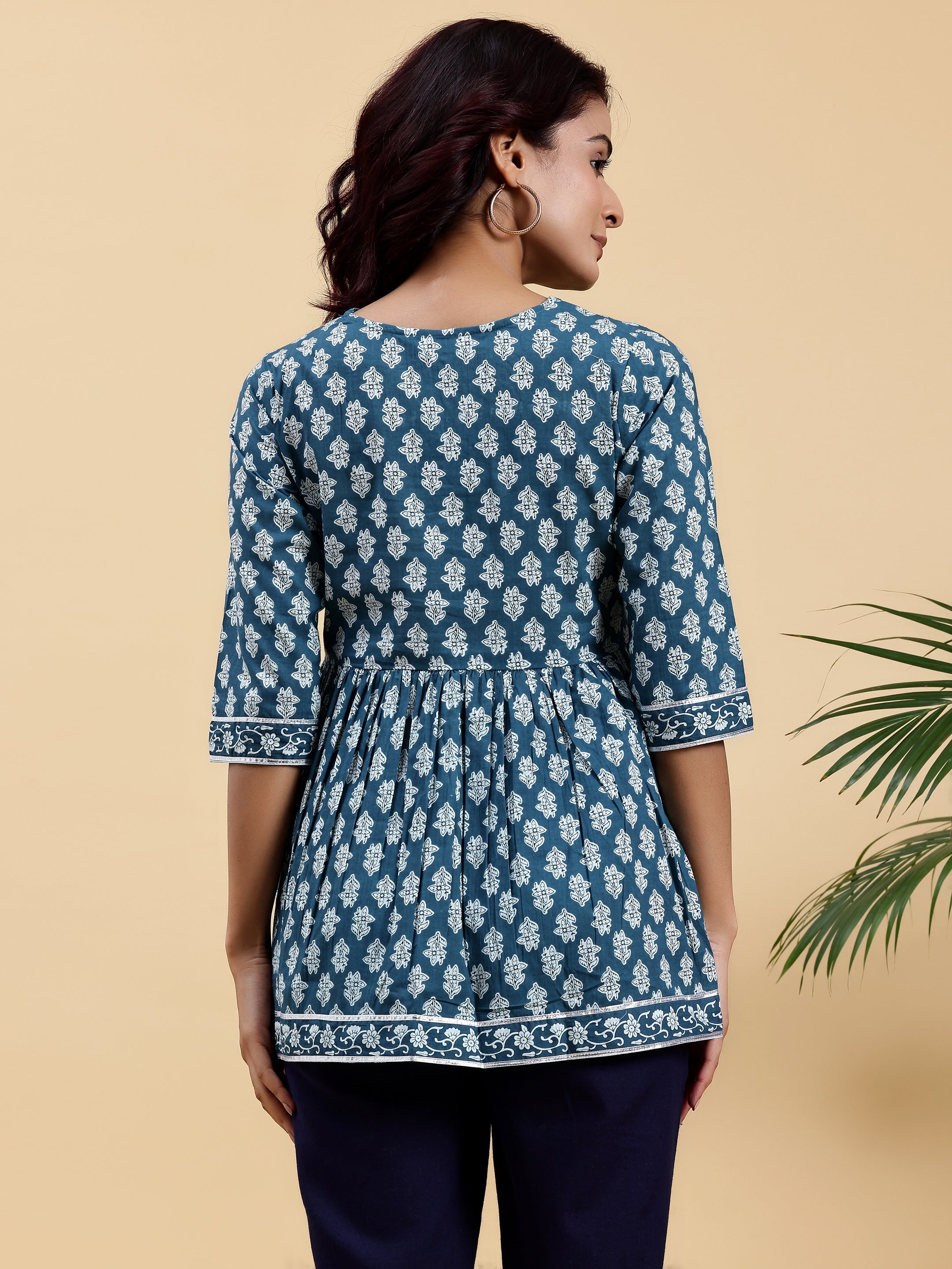 Blue Printed Cotton A-Line Kurti