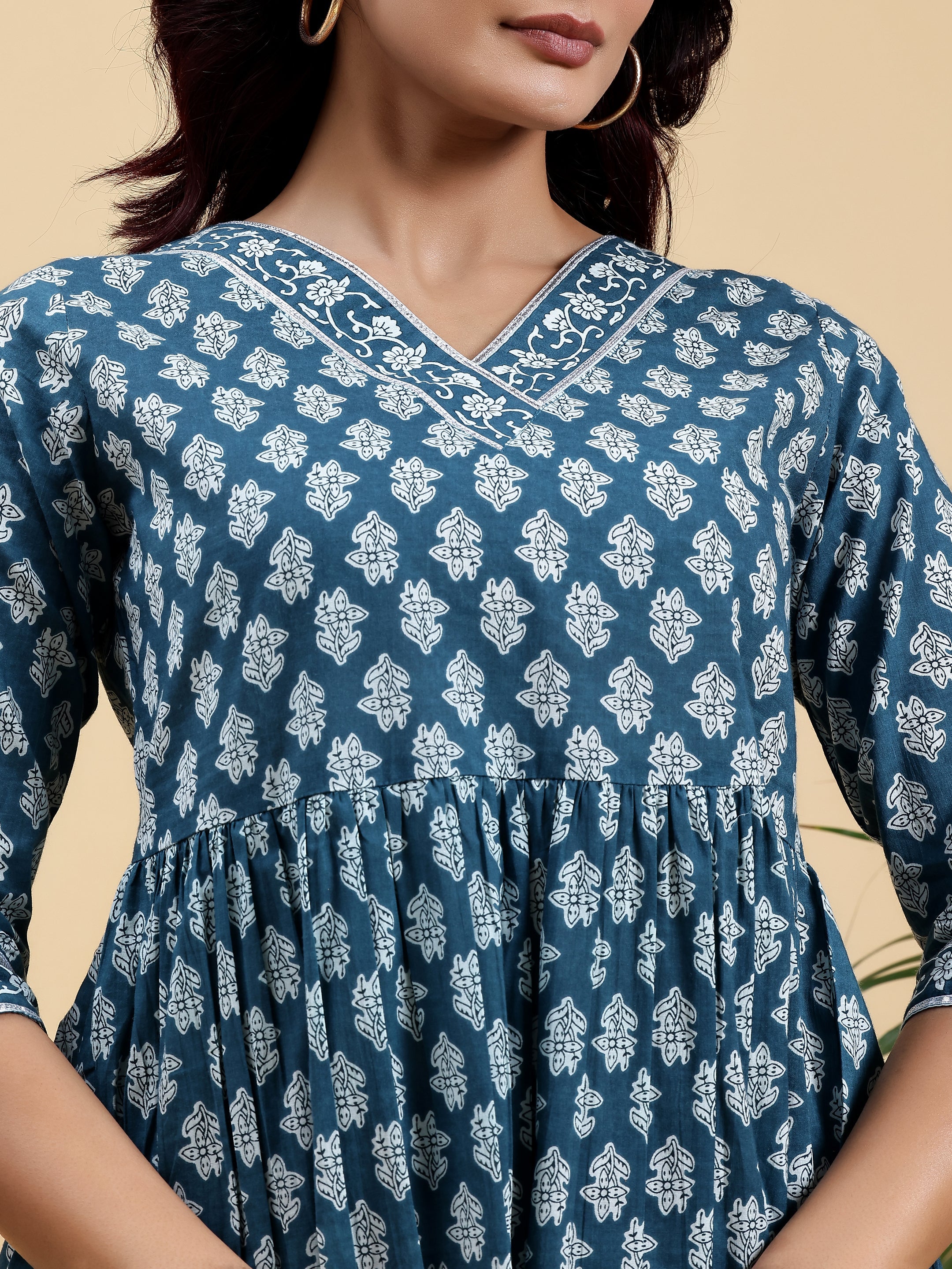 Blue Printed Cotton A-Line Kurti