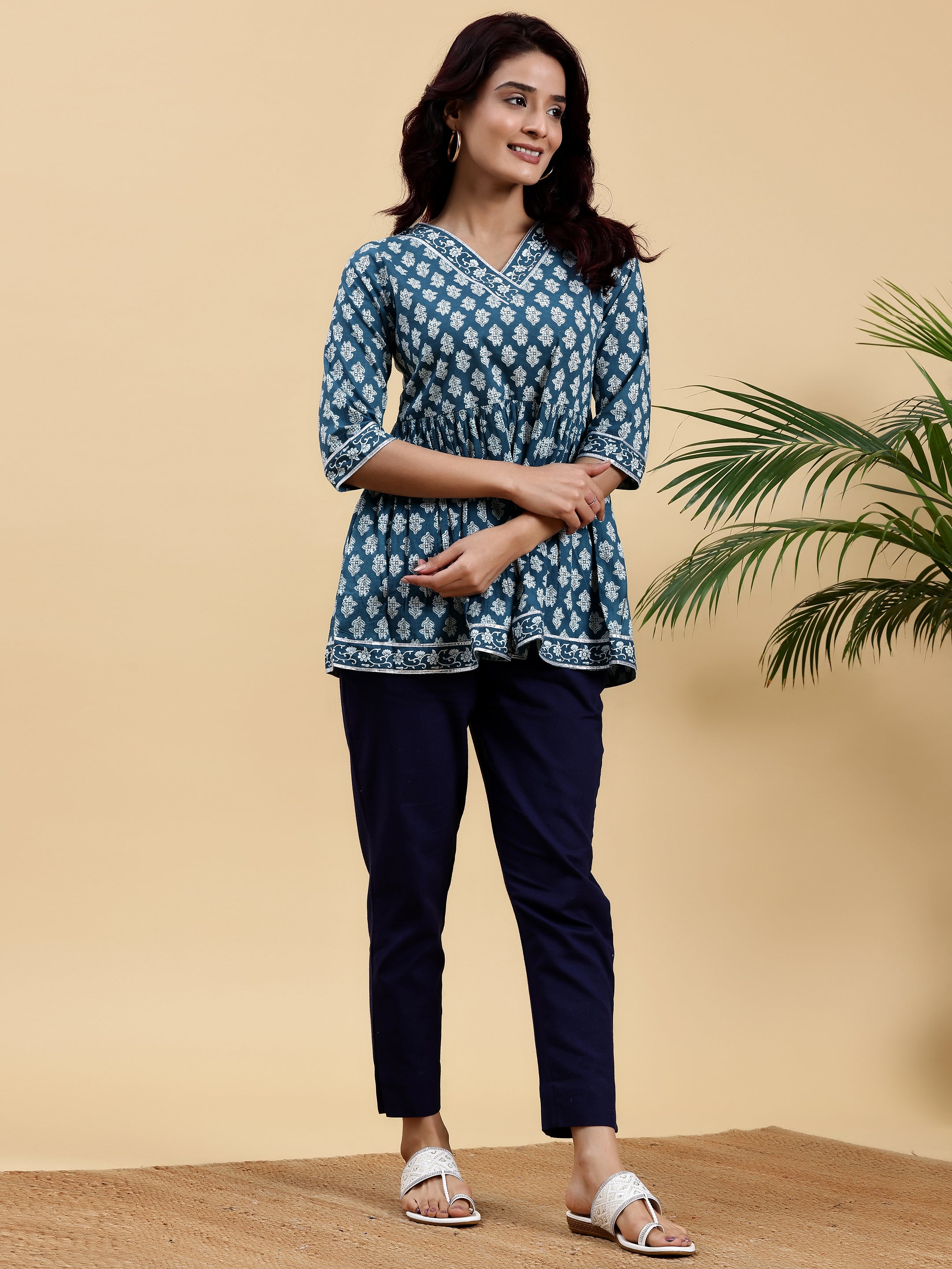 Blue Printed Cotton A-Line Kurti