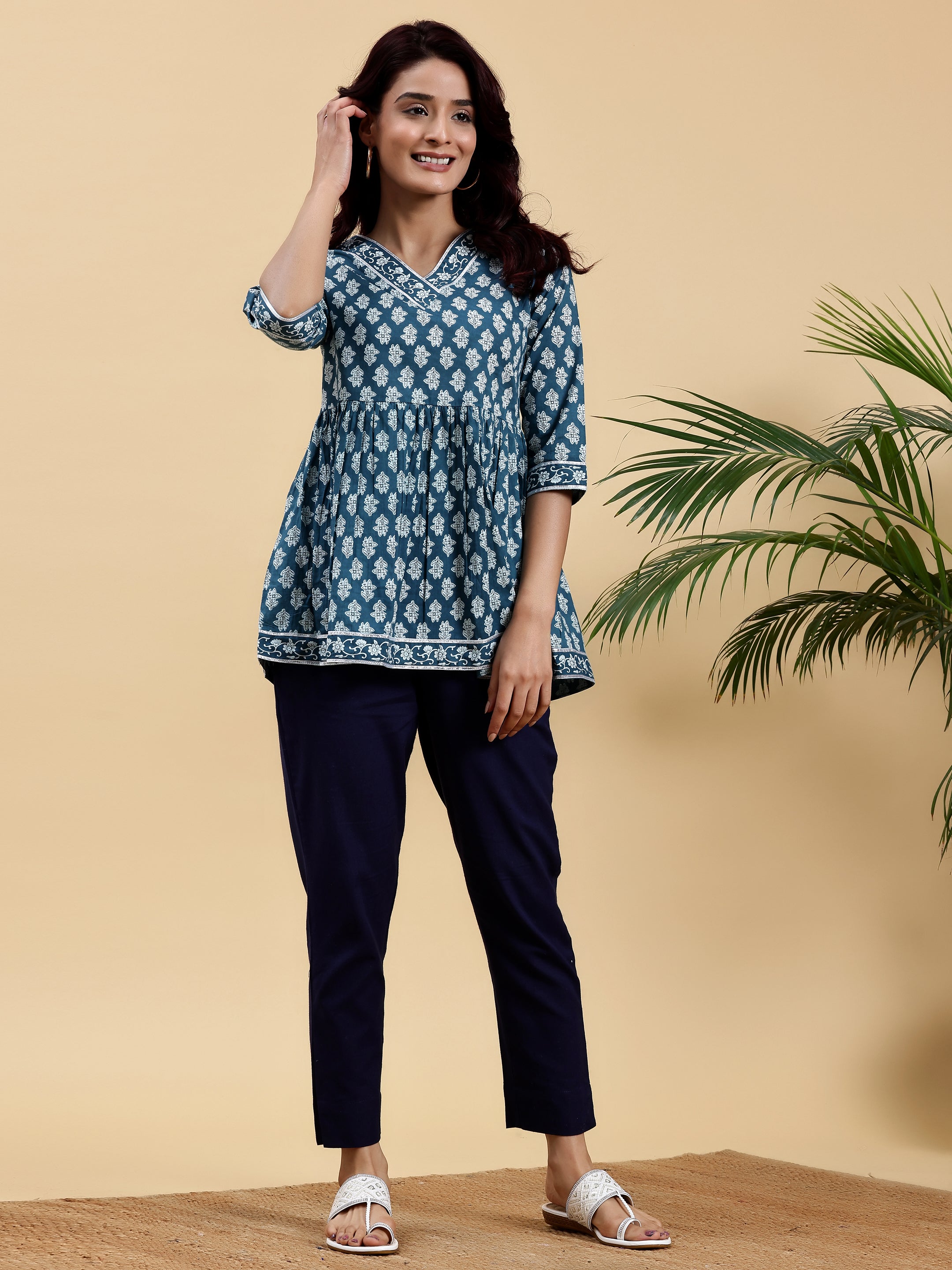 Blue Printed Cotton A-Line Kurti