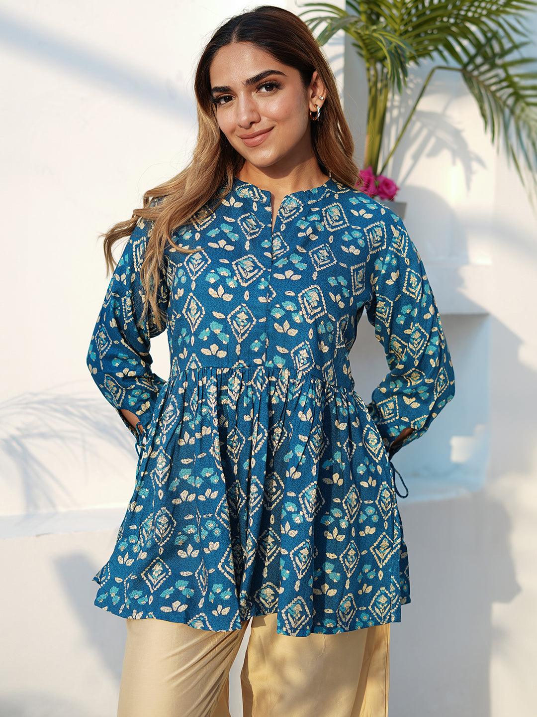 Blue Printed Rayon A-Line Kurti