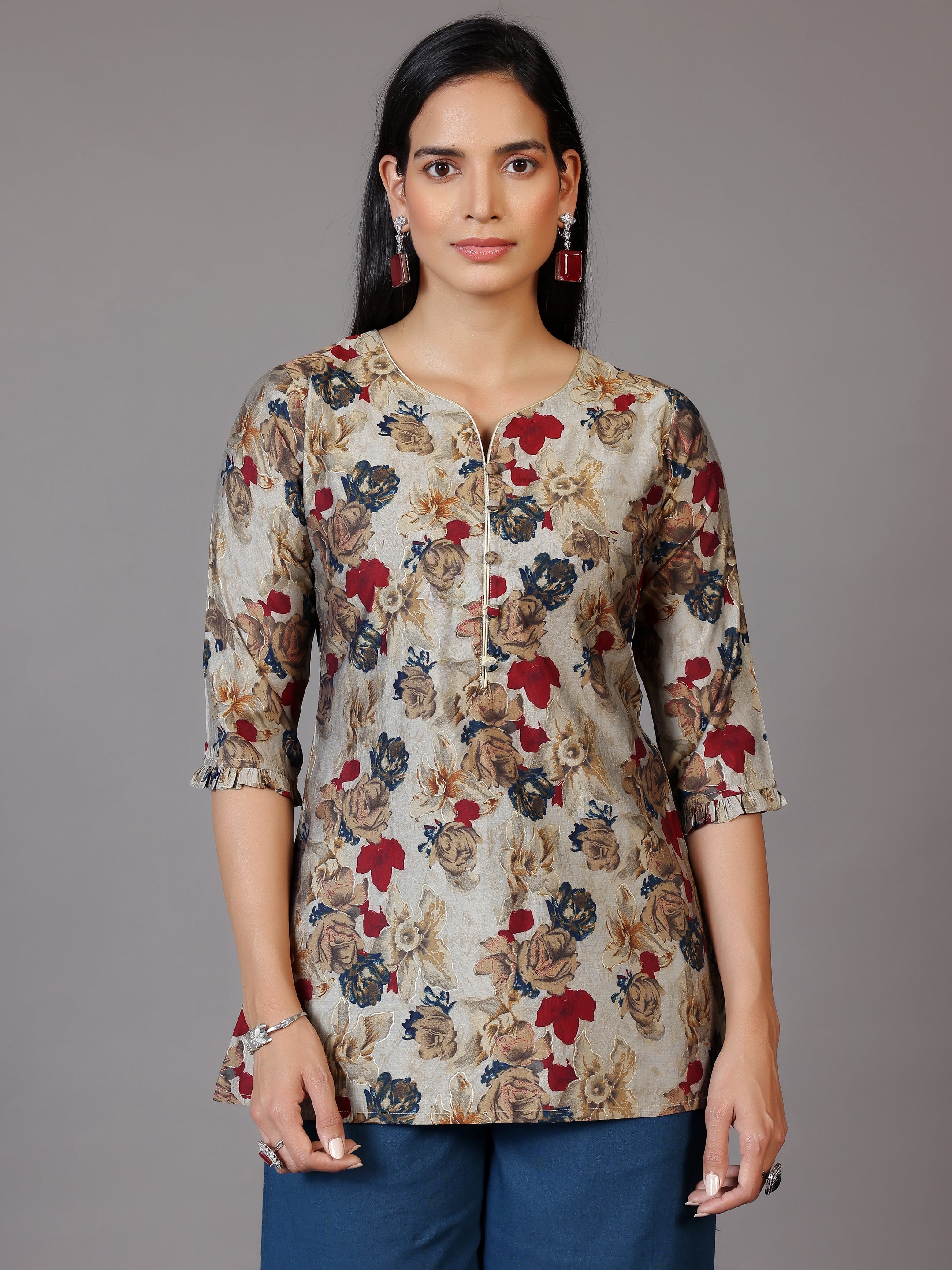 Multicoloured Printed Silk Blend A-Line Kurti