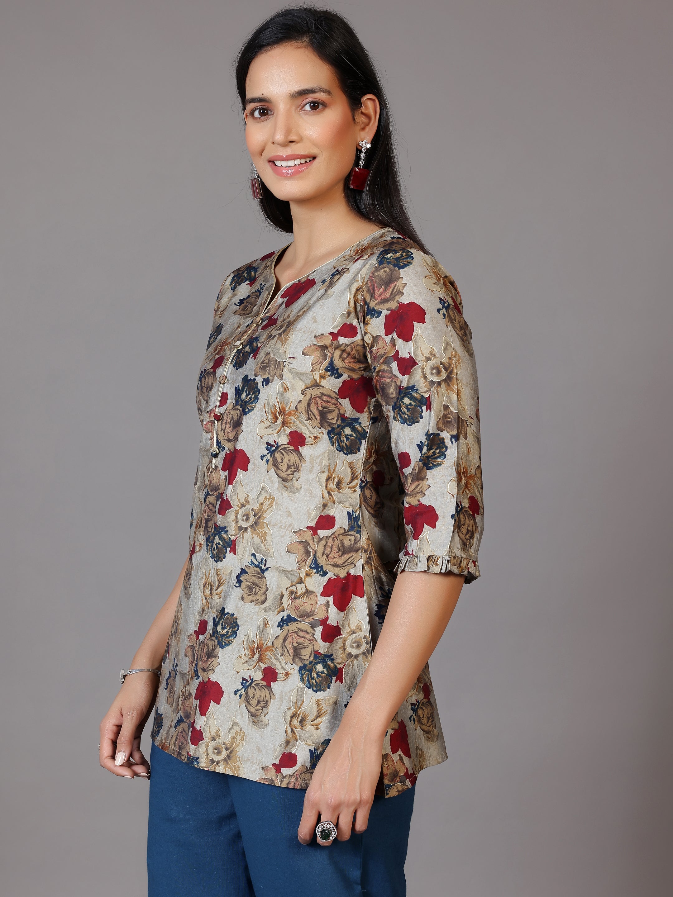 Multicoloured Printed Silk Blend A-Line Kurti