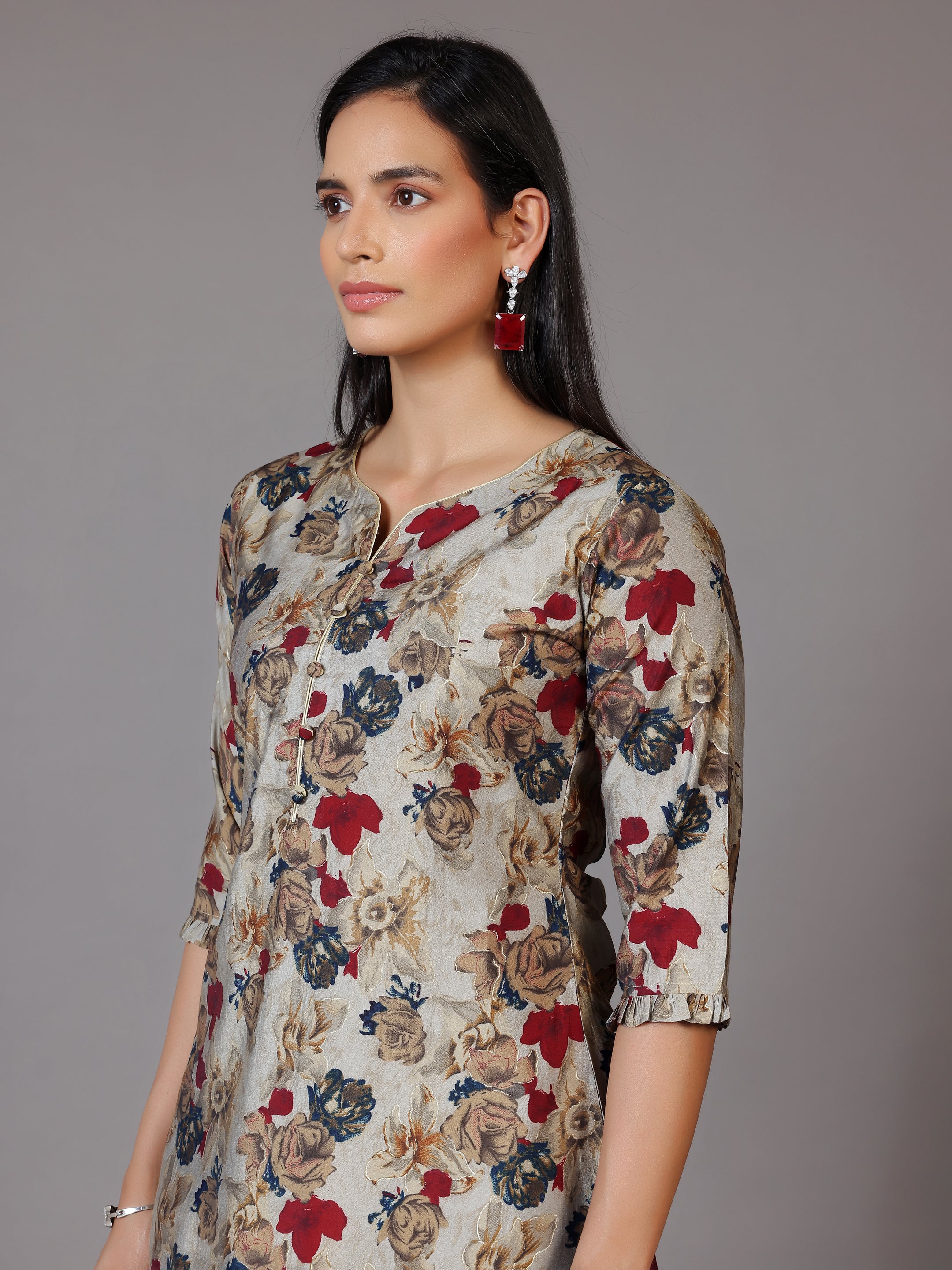 Multicoloured Printed Silk Blend A-Line Kurti