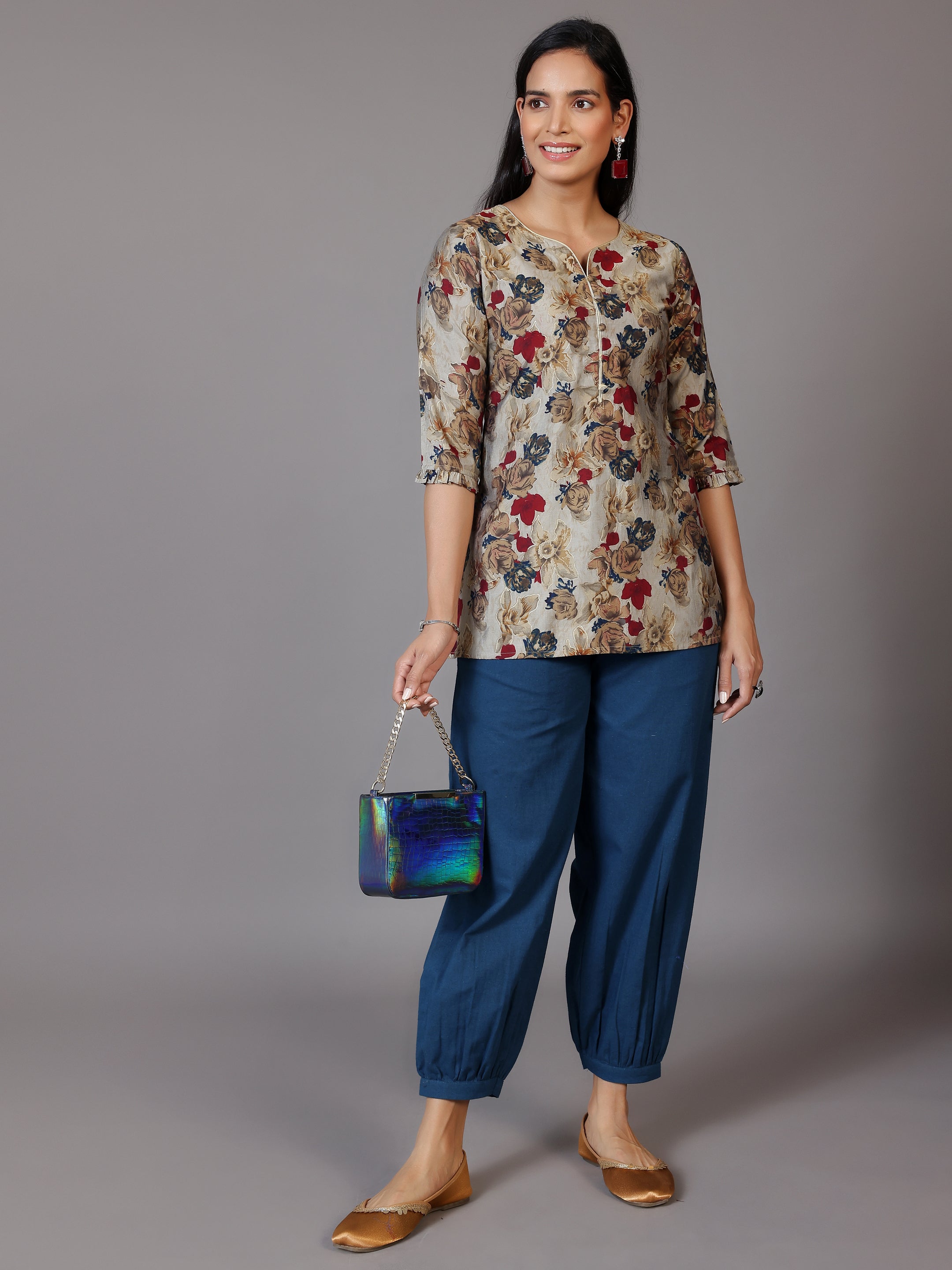 Multicoloured Printed Silk Blend A-Line Kurti