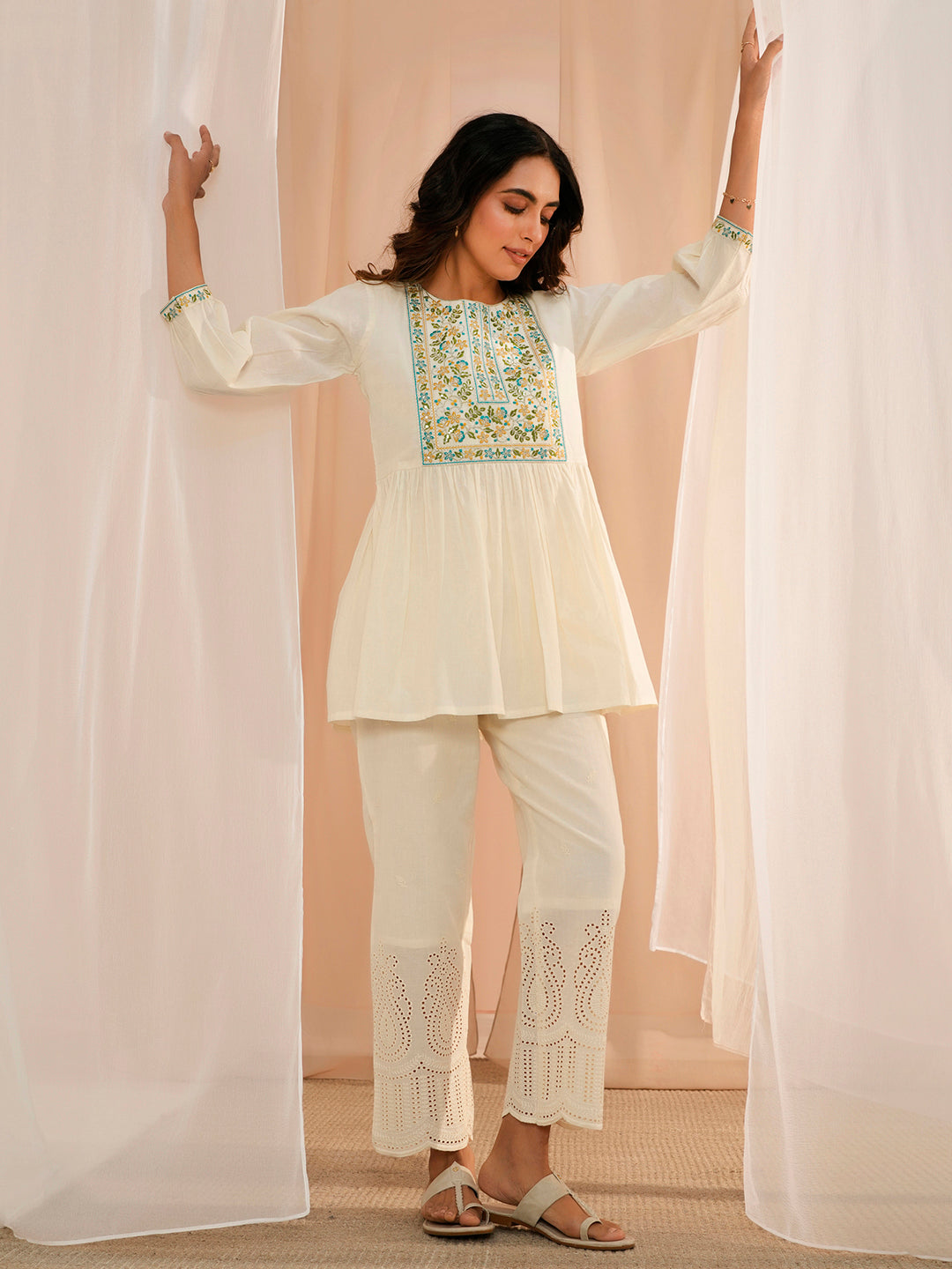 Off White Yoke Design Cotton A-Line Kurti