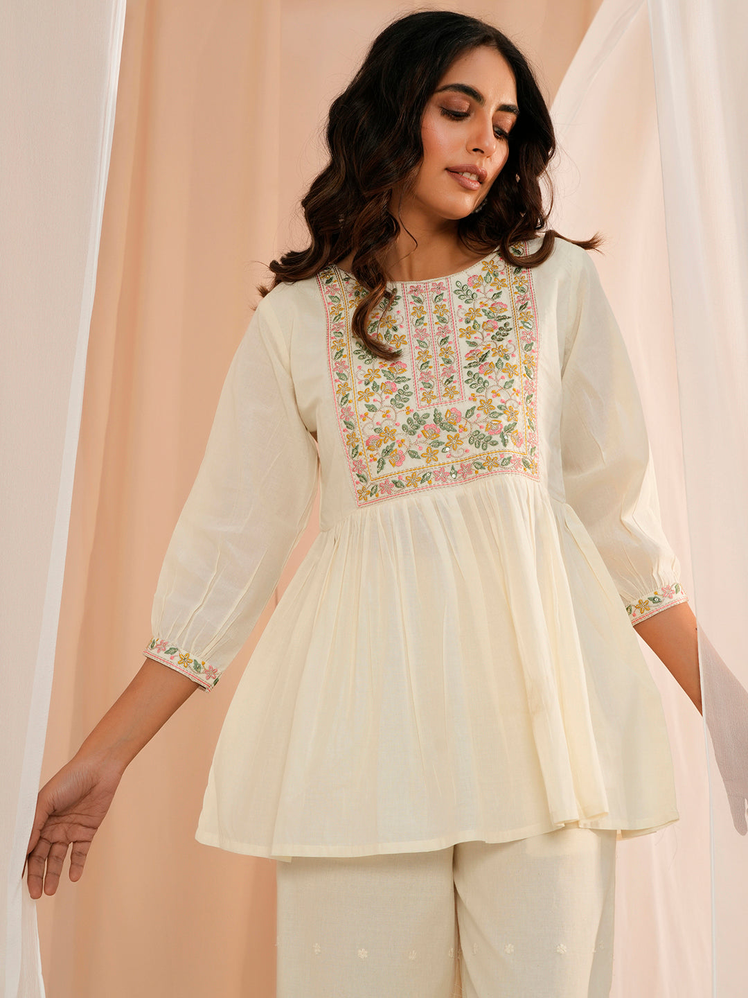 Off White Yoke Design Cotton A-Line Kurti