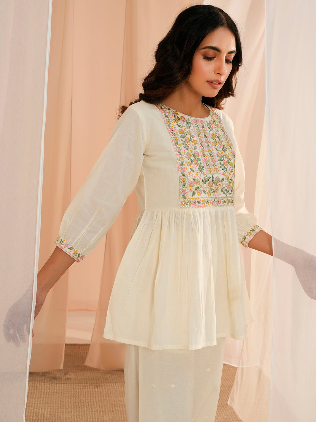 Off White Yoke Design Cotton A-Line Kurti