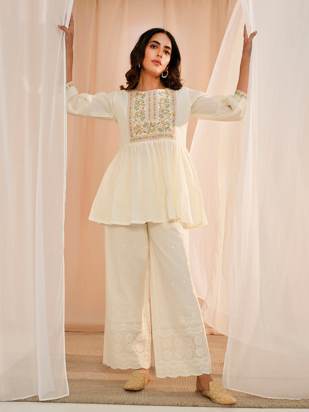 Off White Yoke Design Cotton A-Line Kurti