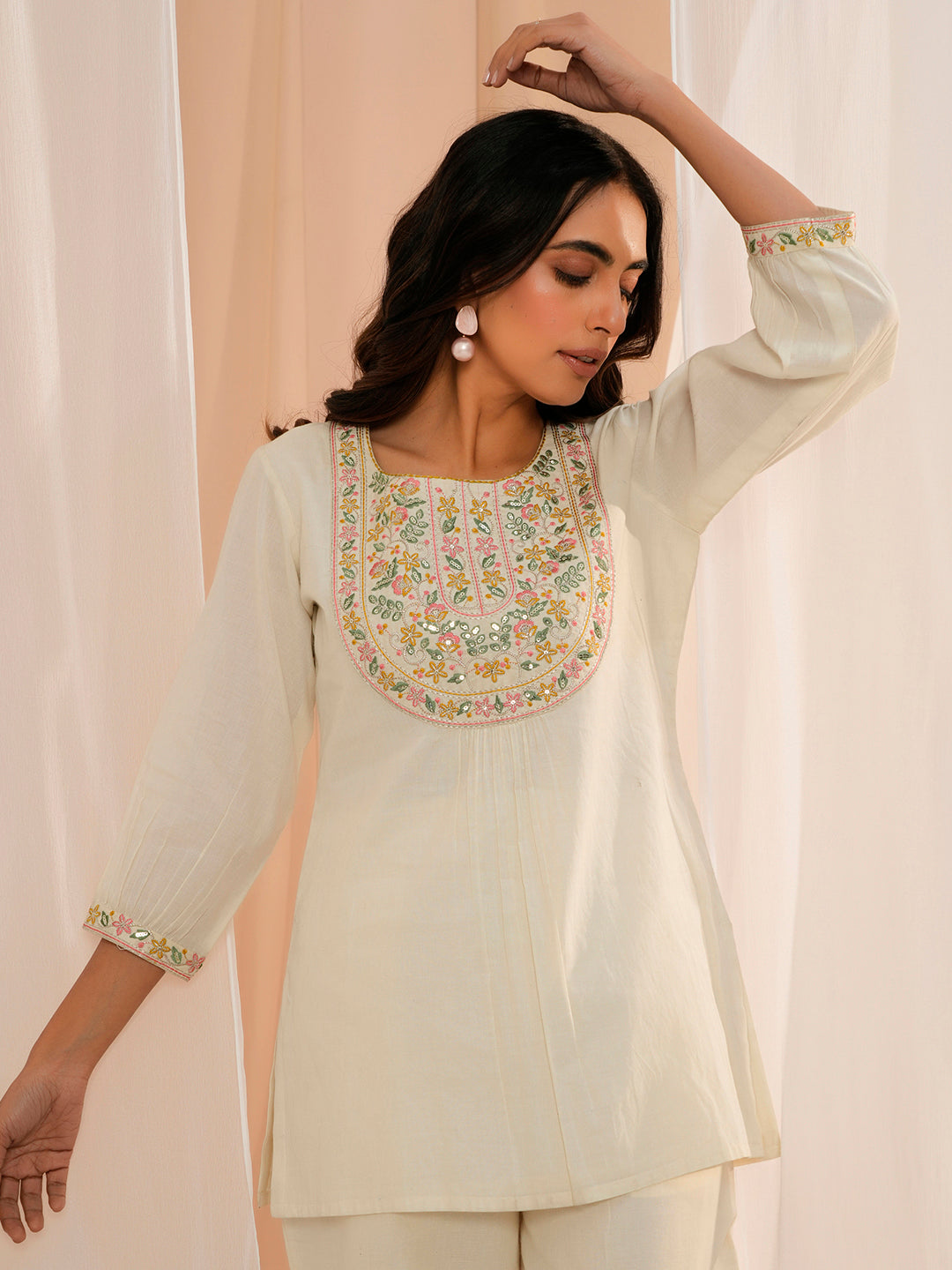 Off White Yoke Design Cotton Straight Kurti