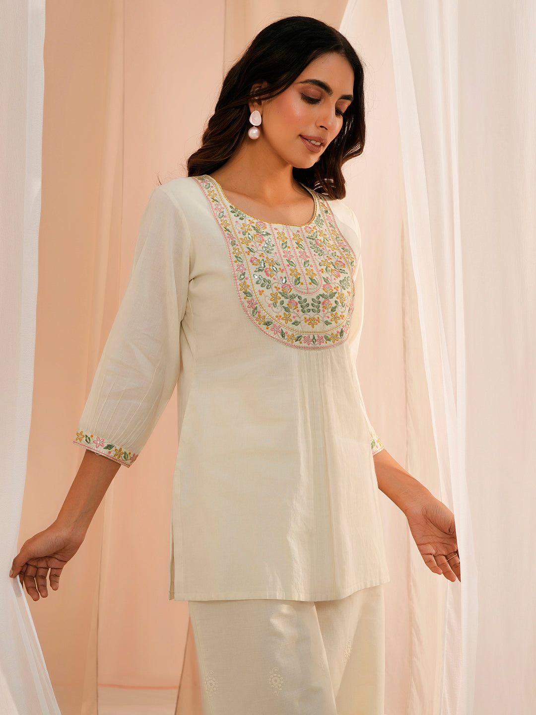 Off White Yoke Design Cotton Straight Kurti