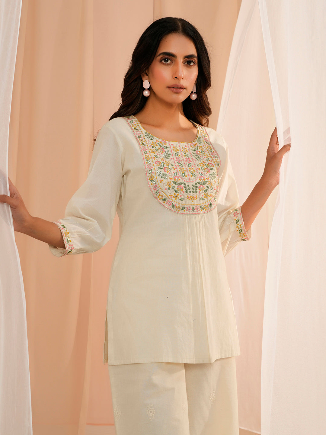 Off White Yoke Design Cotton Straight Kurti