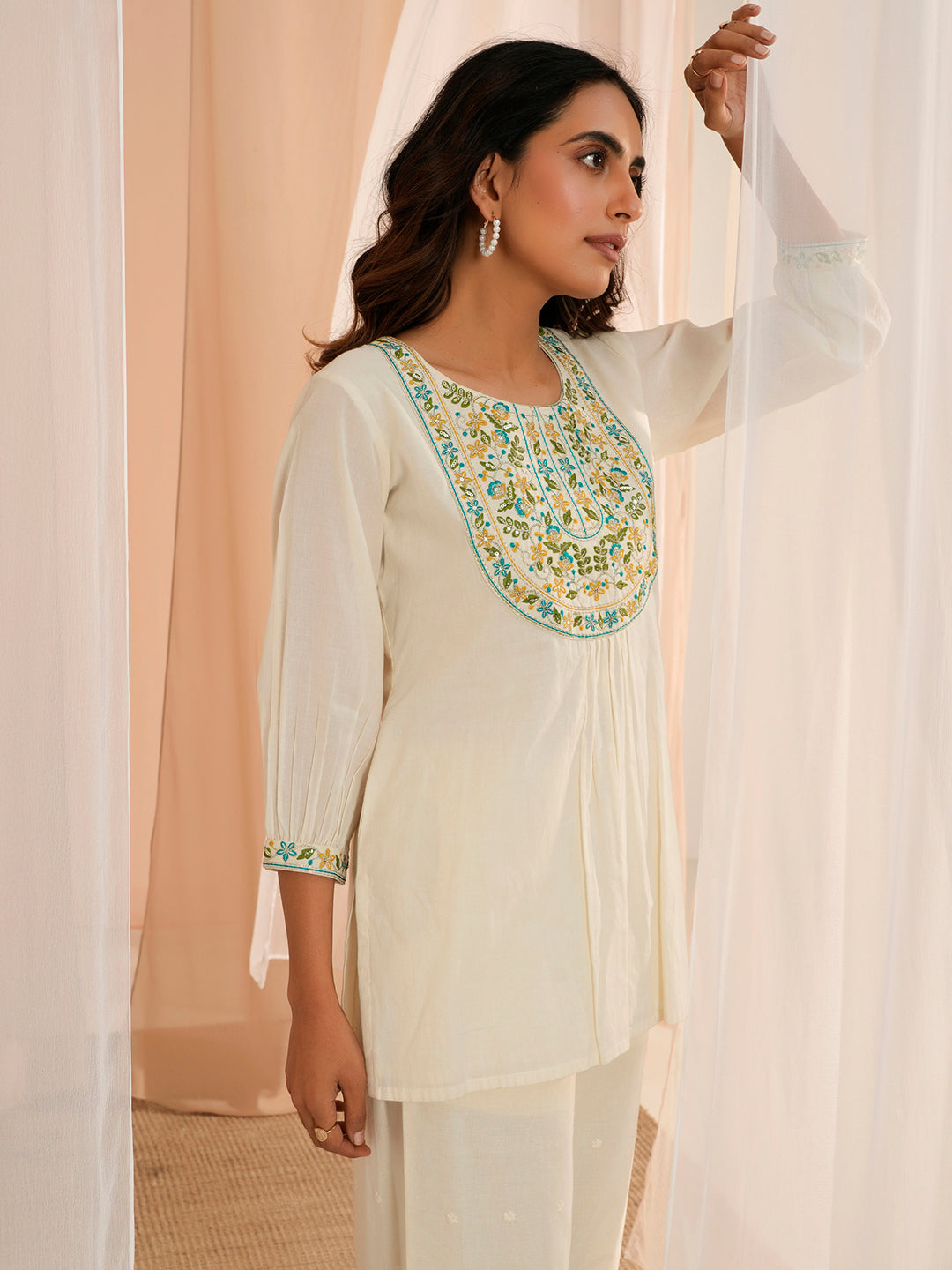 Off White Yoke Design Cotton Straight Kurti