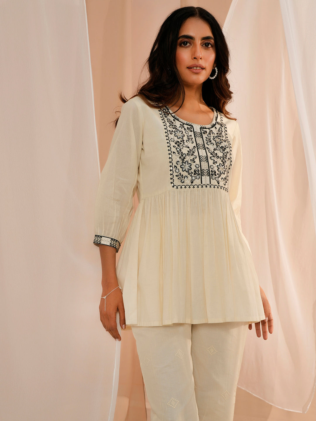 Off White Yoke Design Cotton A-Line Kurti