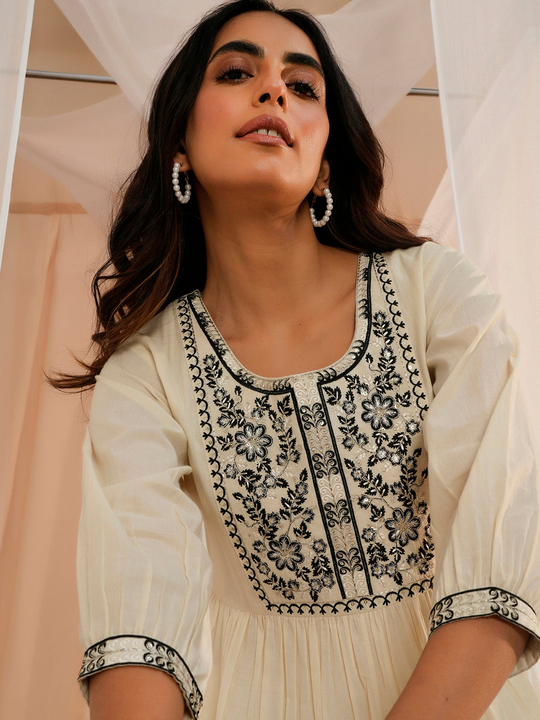 Off White Yoke Design Cotton A-Line Kurti