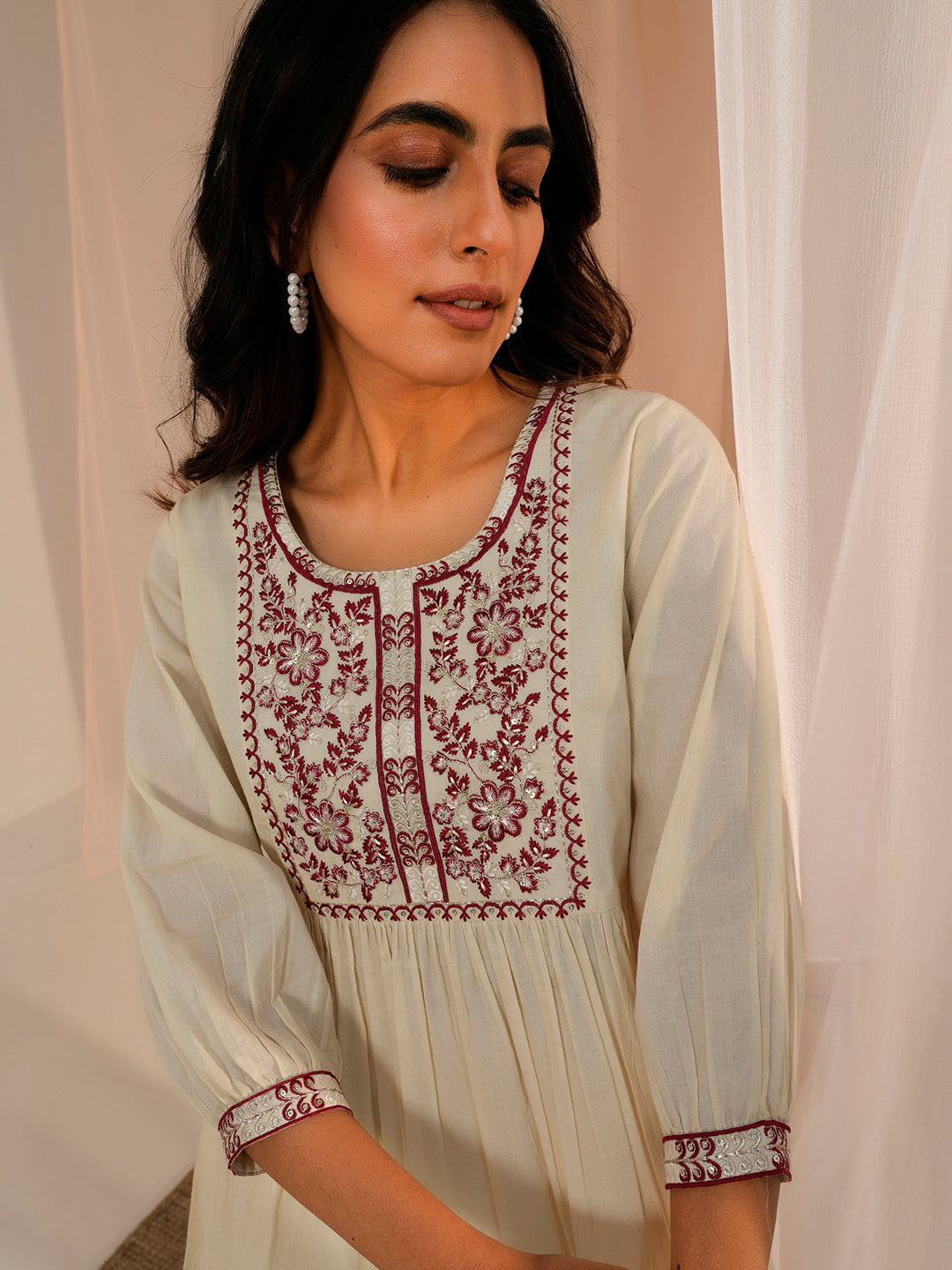 Off White Yoke Design Cotton A-Line Kurti