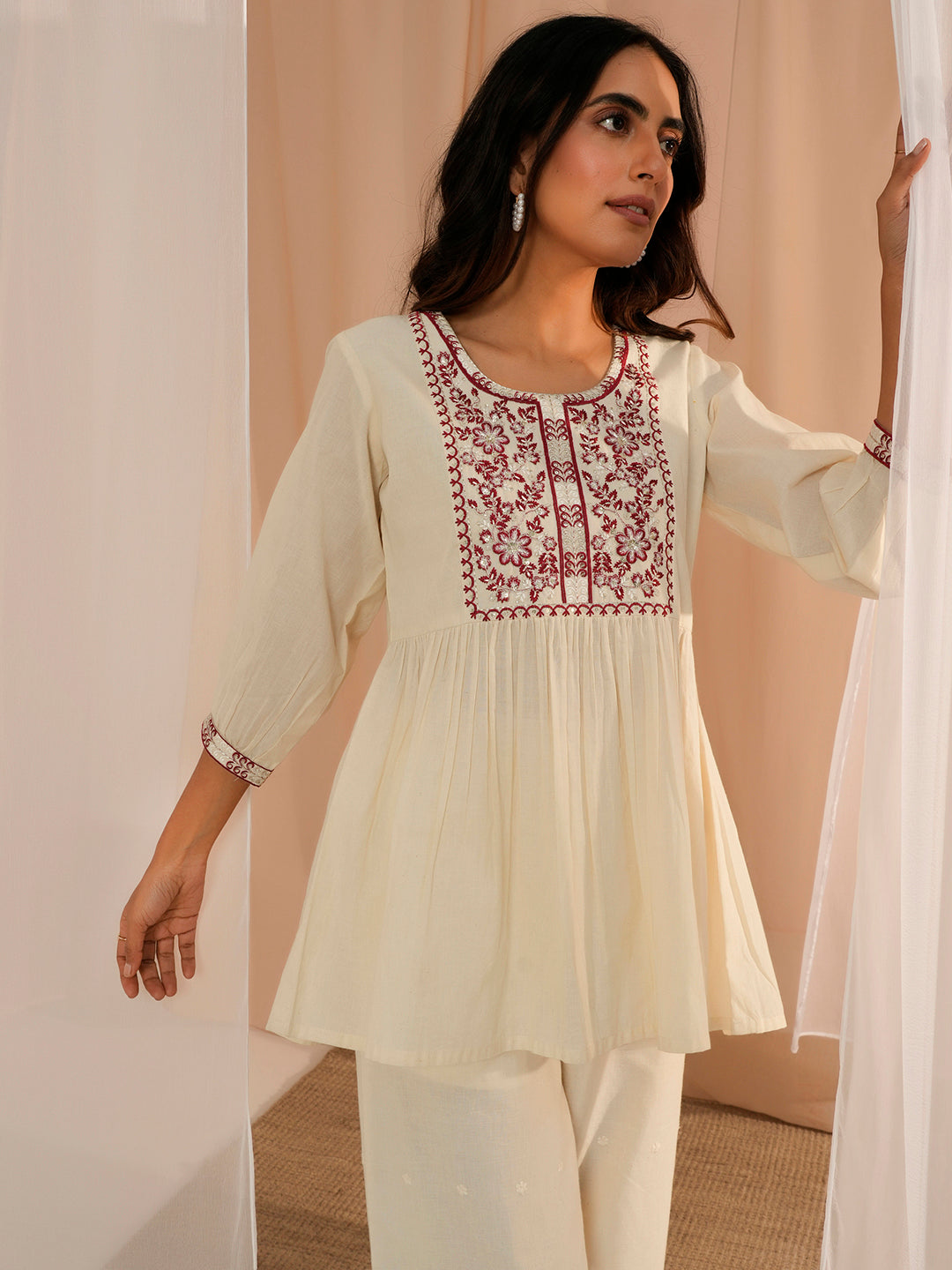 Off White Yoke Design Cotton A-Line Kurti