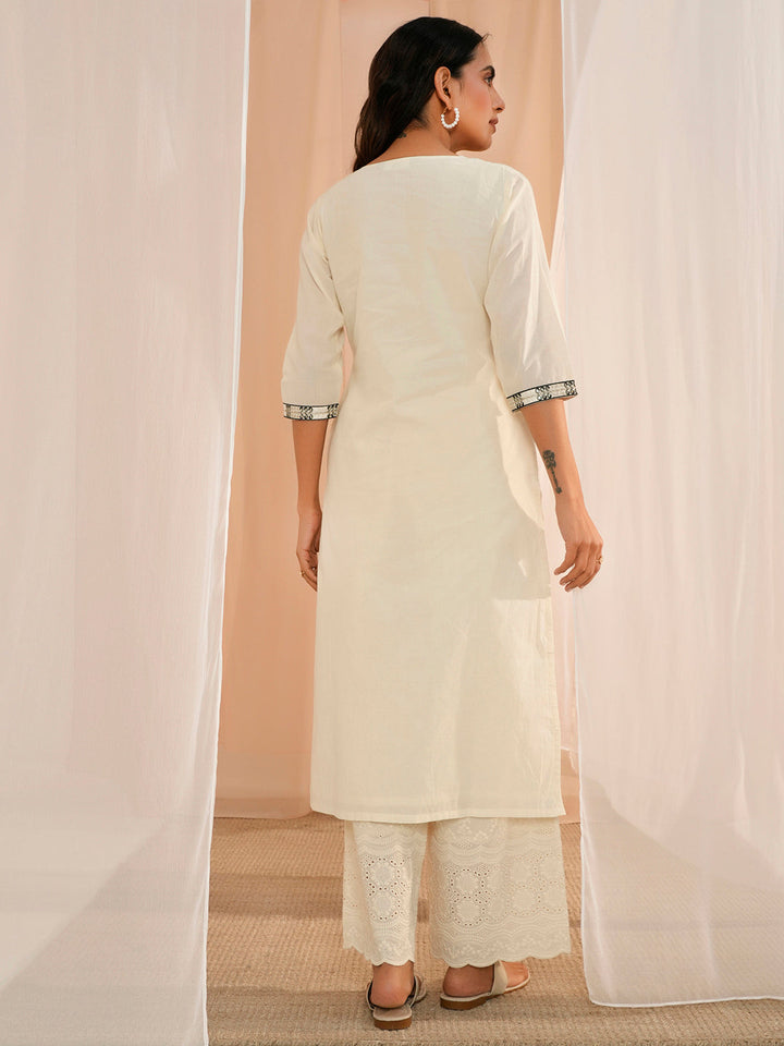 Off White Yoke Design Cotton Straight Kurta