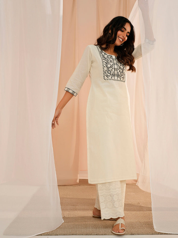 Off White Yoke Design Cotton Straight Kurta