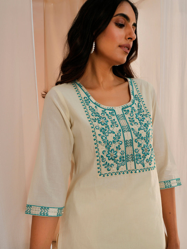 Off White Yoke Design Cotton Straight Kurta