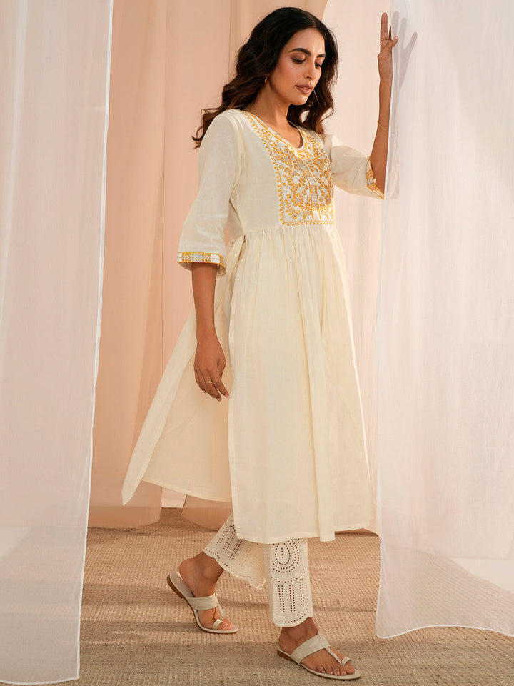 Off White Yoke Design Cotton A-Line Kurta