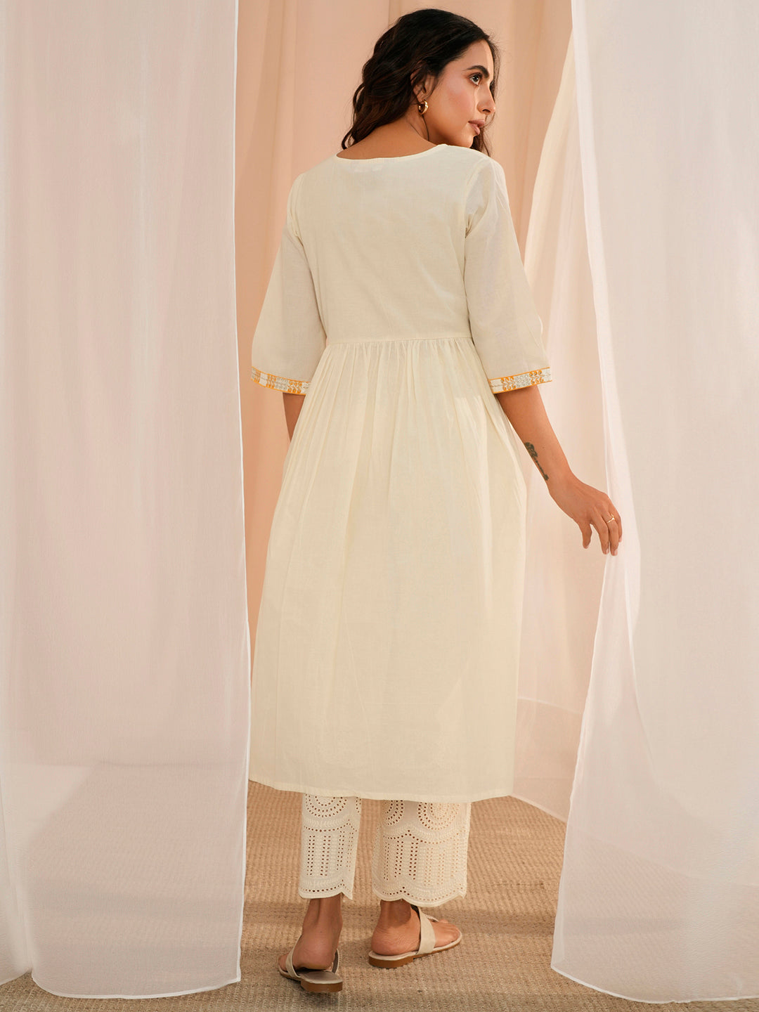 Off White Yoke Design Cotton A-Line Kurta