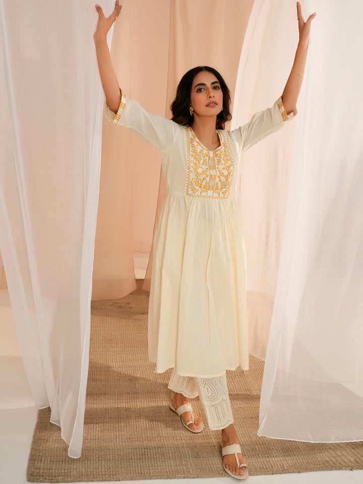 Off White Yoke Design Cotton A-Line Kurta