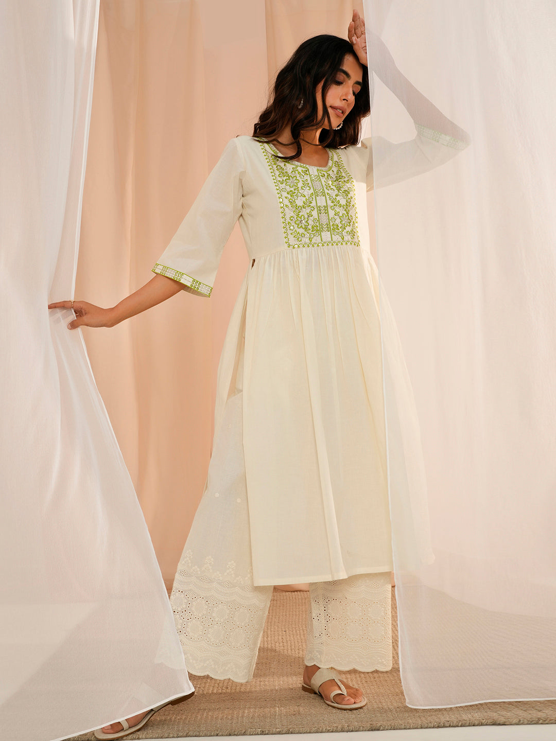 Off White Yoke Design Cotton A-Line Kurta