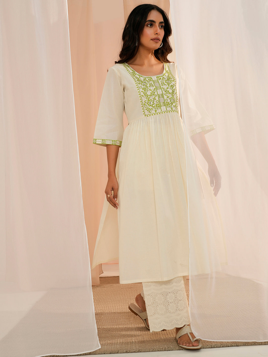 Off White Yoke Design Cotton A-Line Kurta