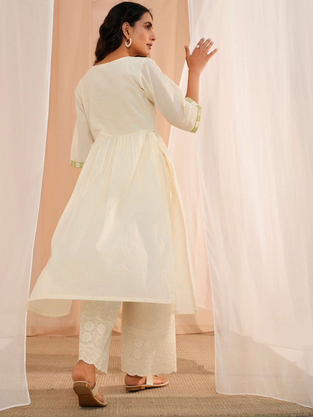 Off White Yoke Design Cotton A-Line Kurta