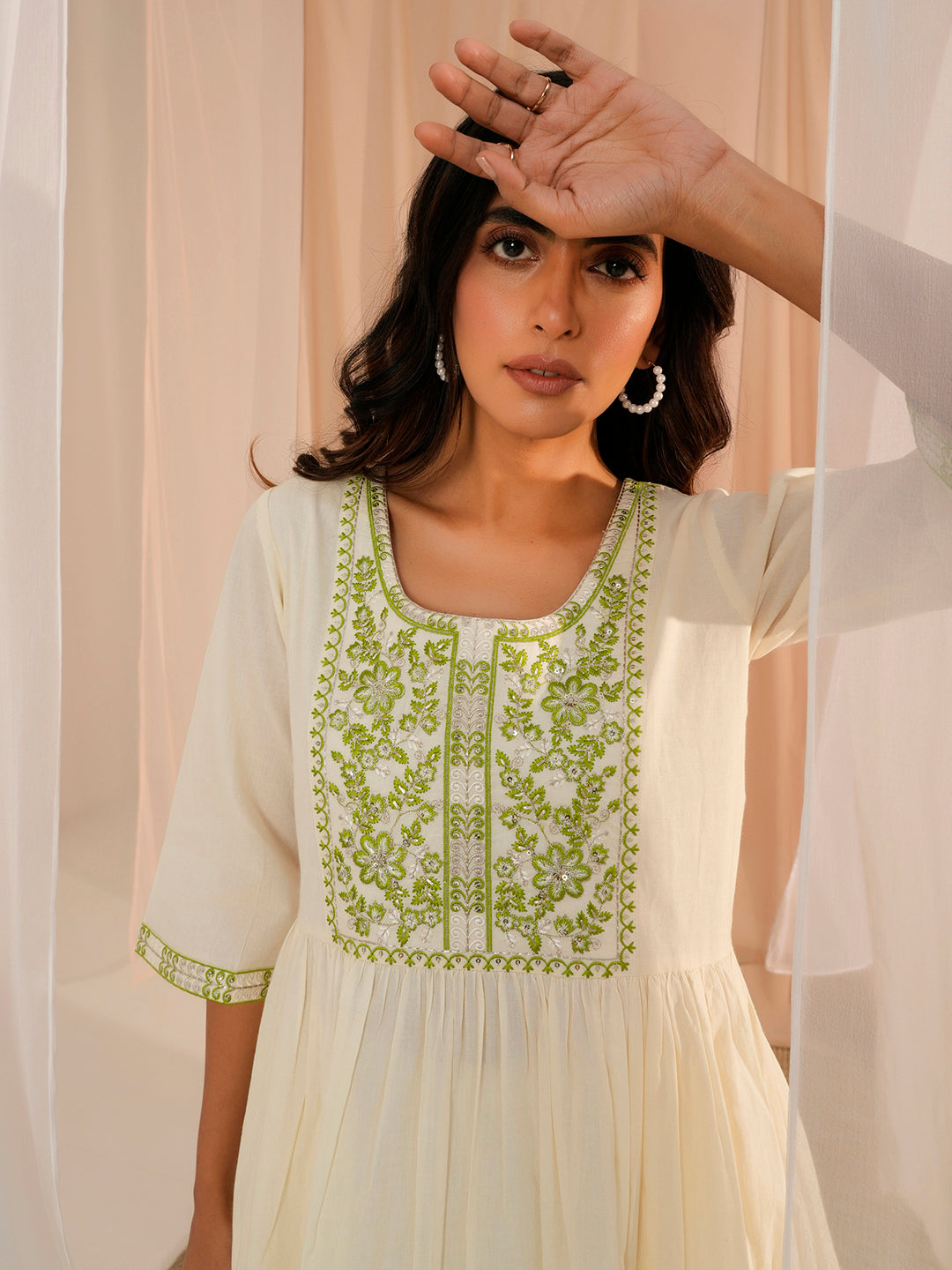 Off White Yoke Design Cotton A-Line Kurta