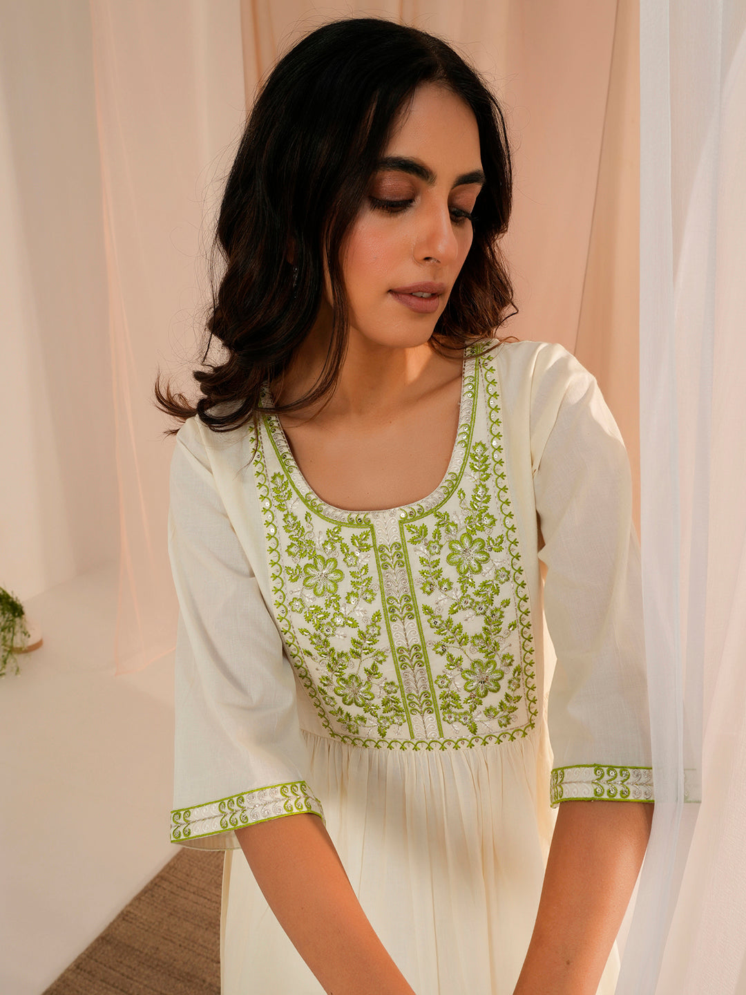 Off White Yoke Design Cotton A-Line Kurta