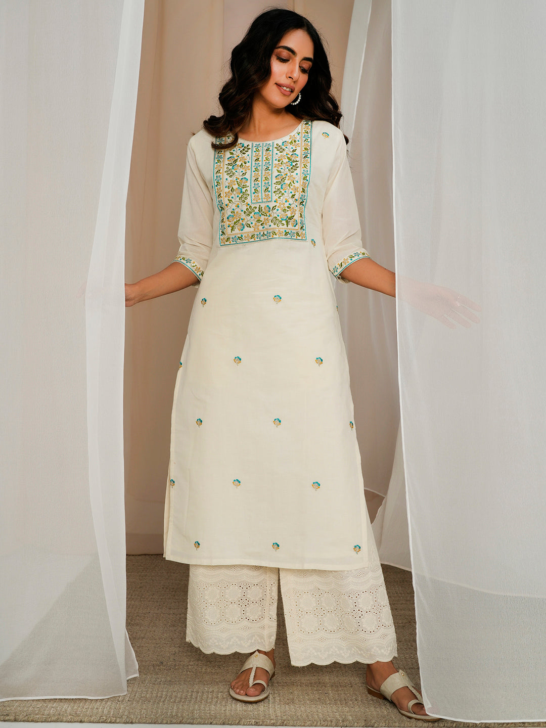 Off White Embroidered Cotton Straight Kurta