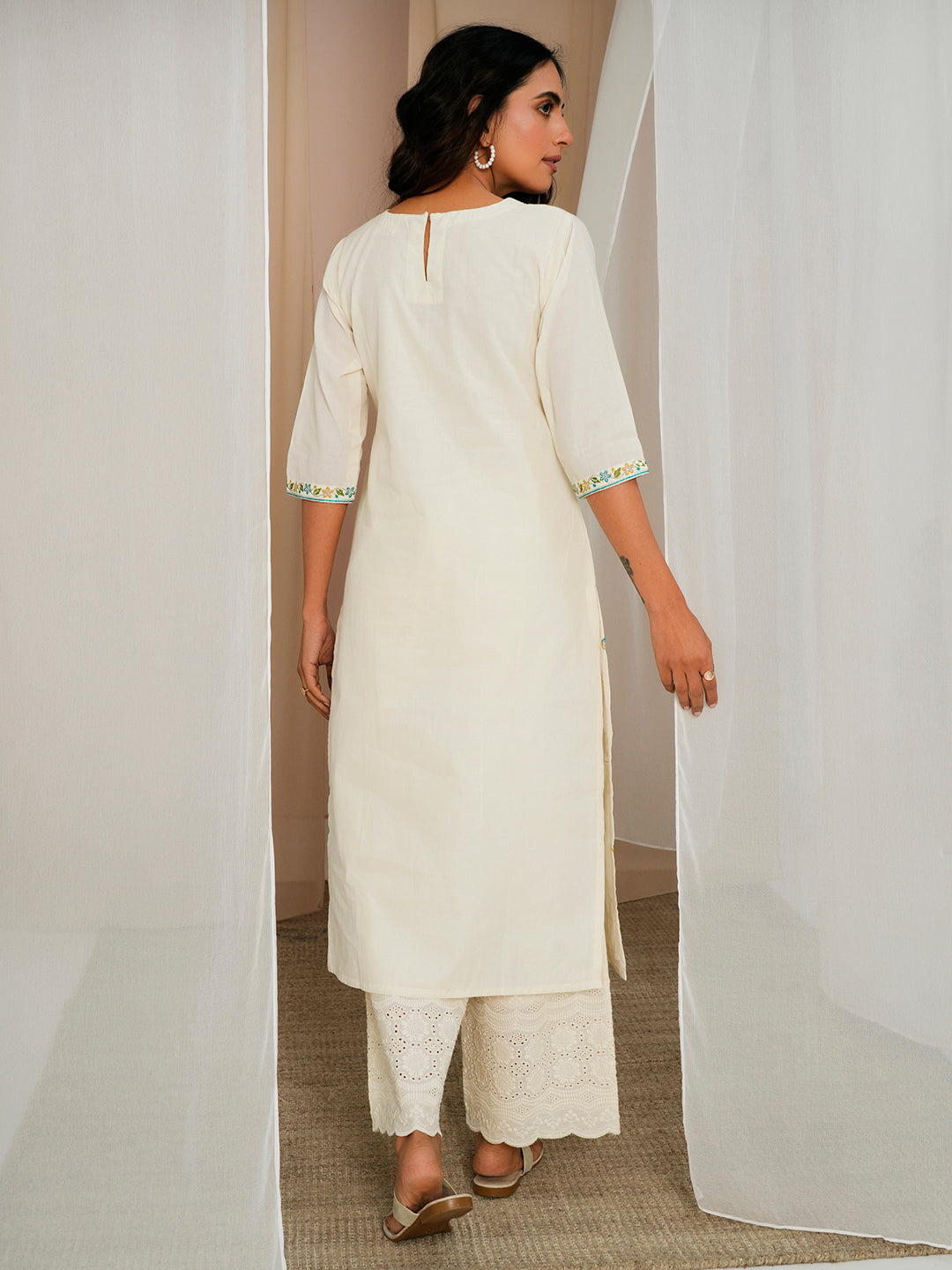 Off White Embroidered Cotton Straight Kurta