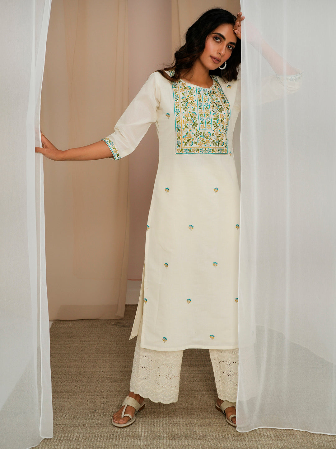 Off White Embroidered Cotton Straight Kurta