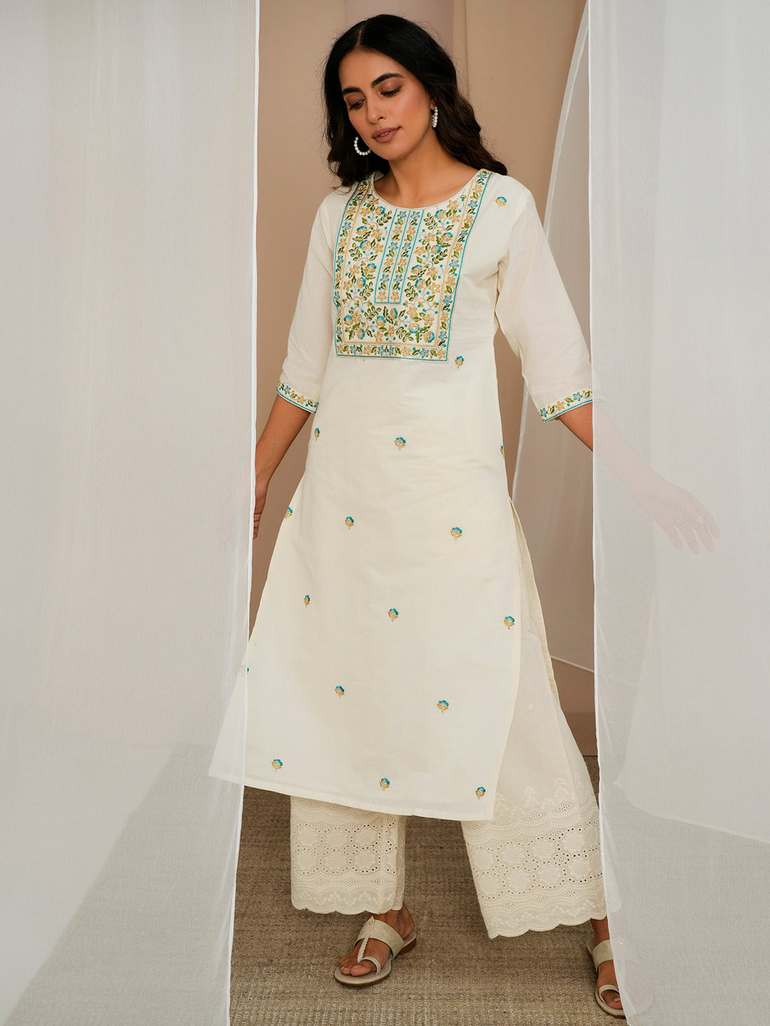 Off White Embroidered Cotton Straight Kurta