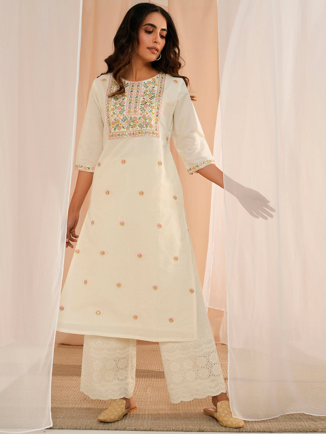 Off White Embroidered Cotton Straight Kurta